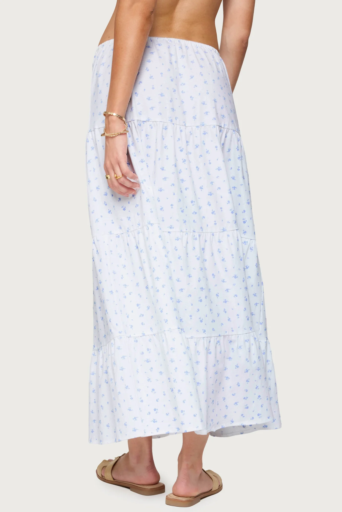 Floral Tiered Maxi Skirt in White Cotton Blend Dress