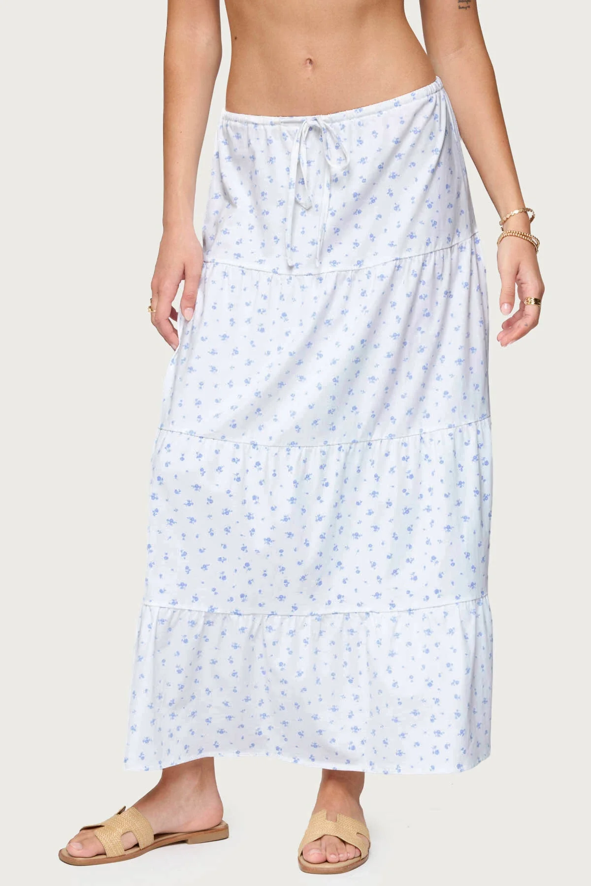 Floral Tiered Maxi Skirt in White Cotton Blend Dress