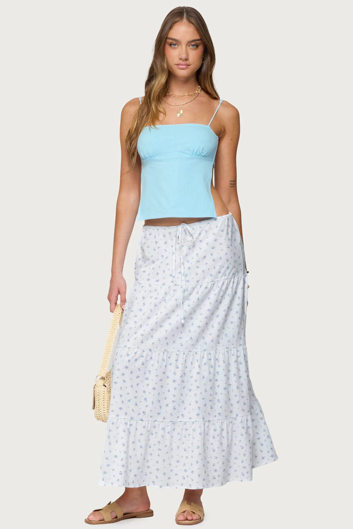 Floral Tiered Maxi Skirt in White Cotton Blend Dress