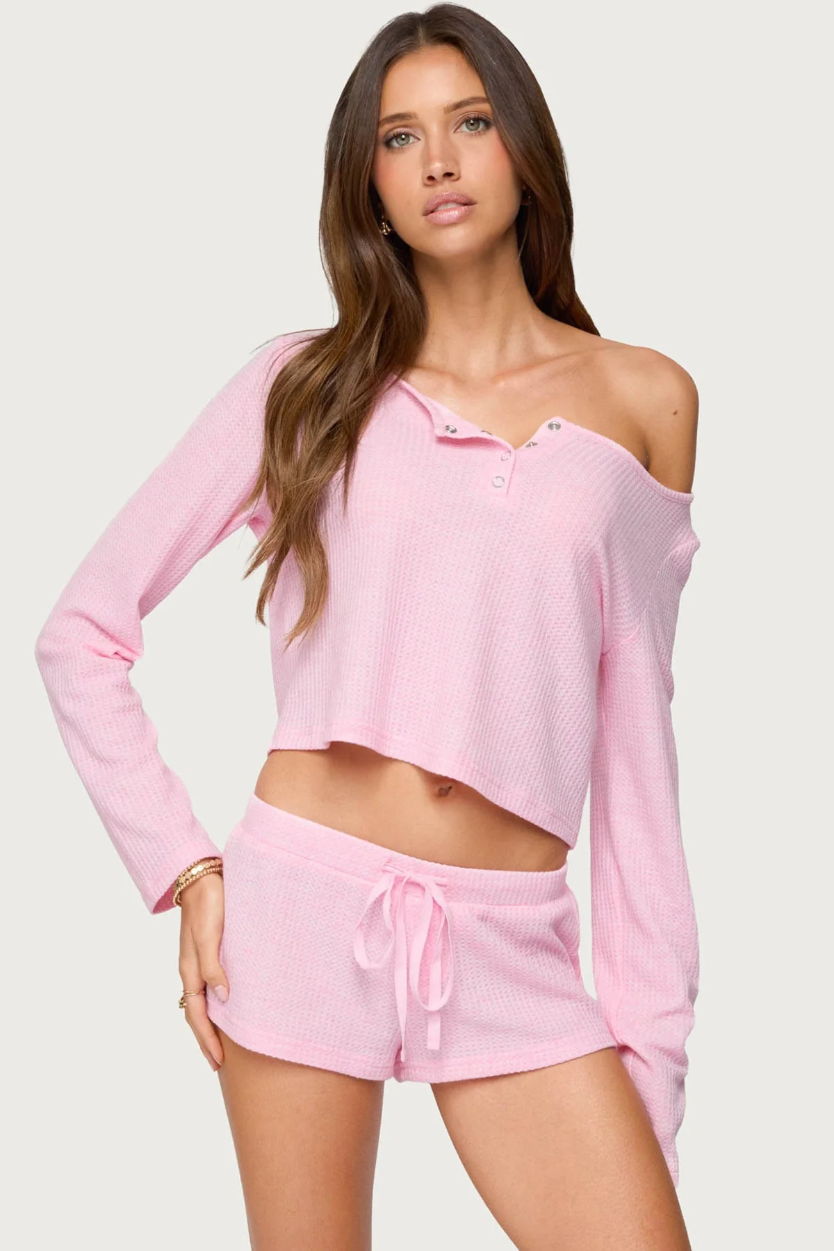 Light Pink Teddy Waffle Crop Top