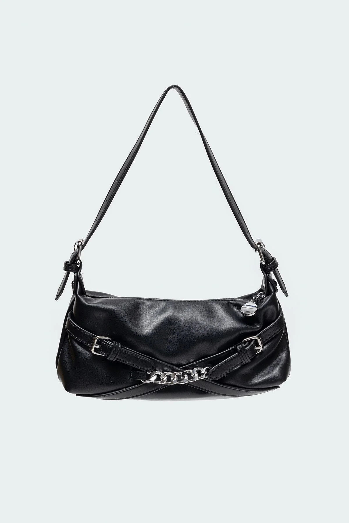 Black Faux Leather Shoulder Bag with Buckle & Chain Detailing