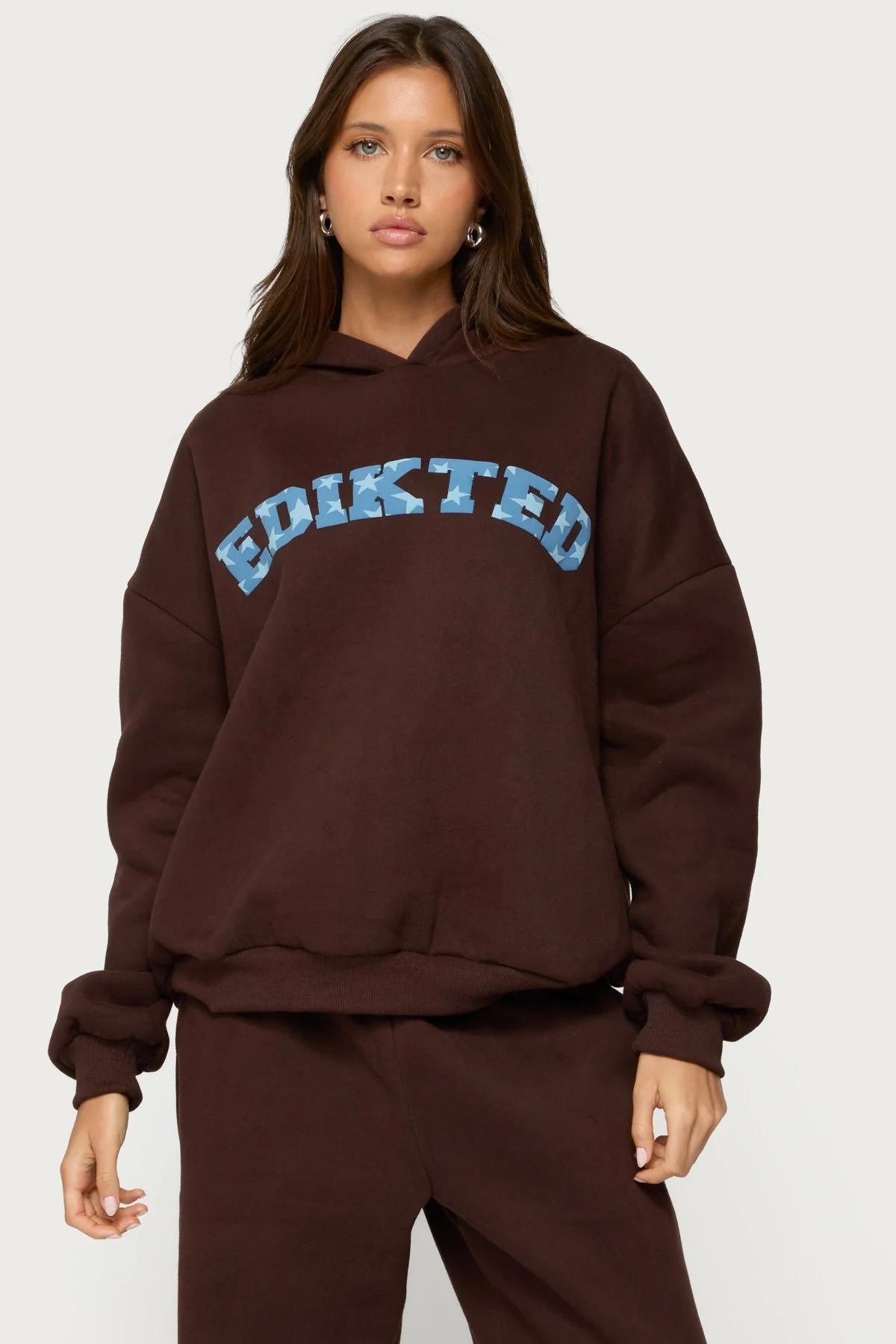 Brown Oversized Graphic Text Hoodie Set