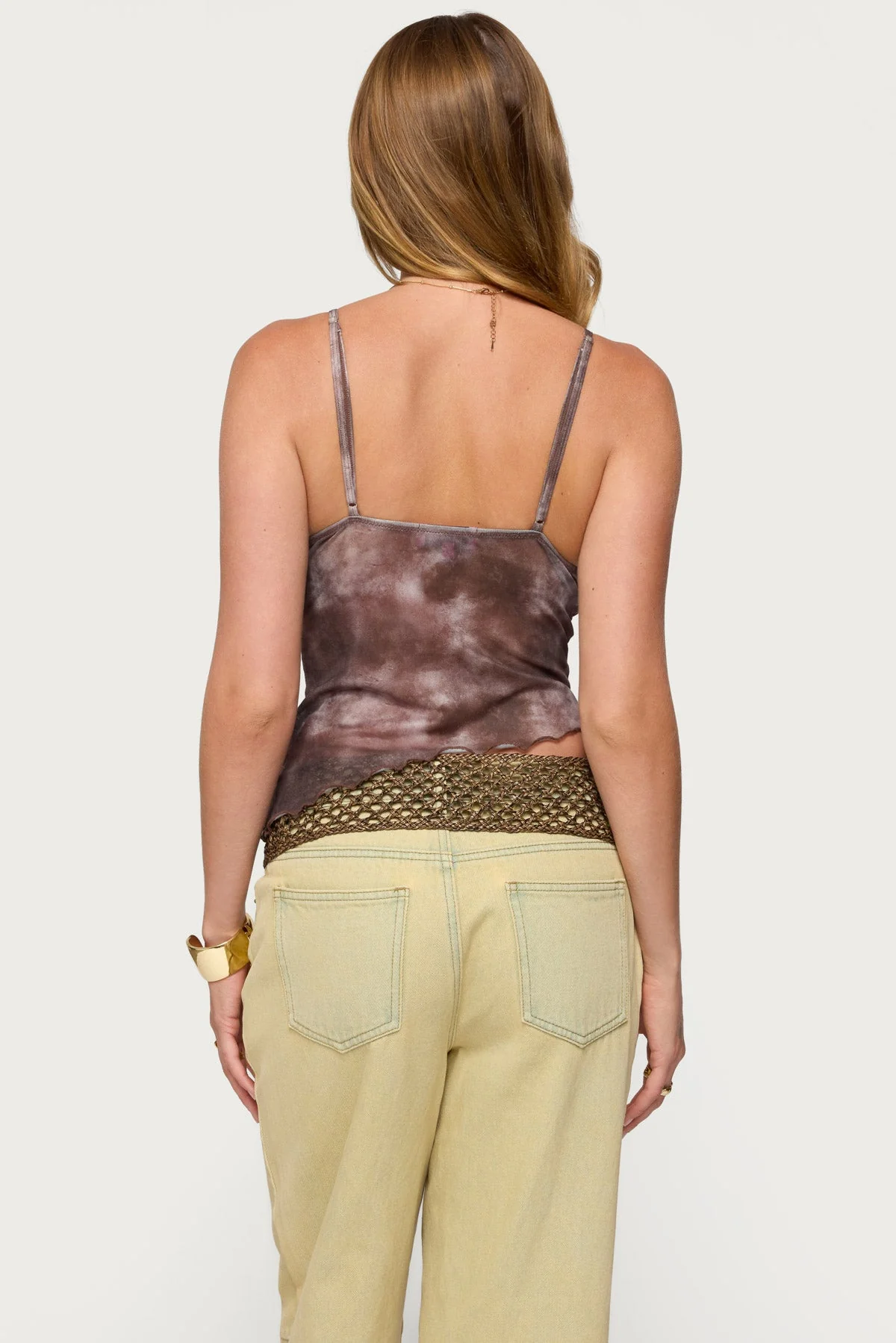 Brown Floral Embroidered Mesh Tank Top