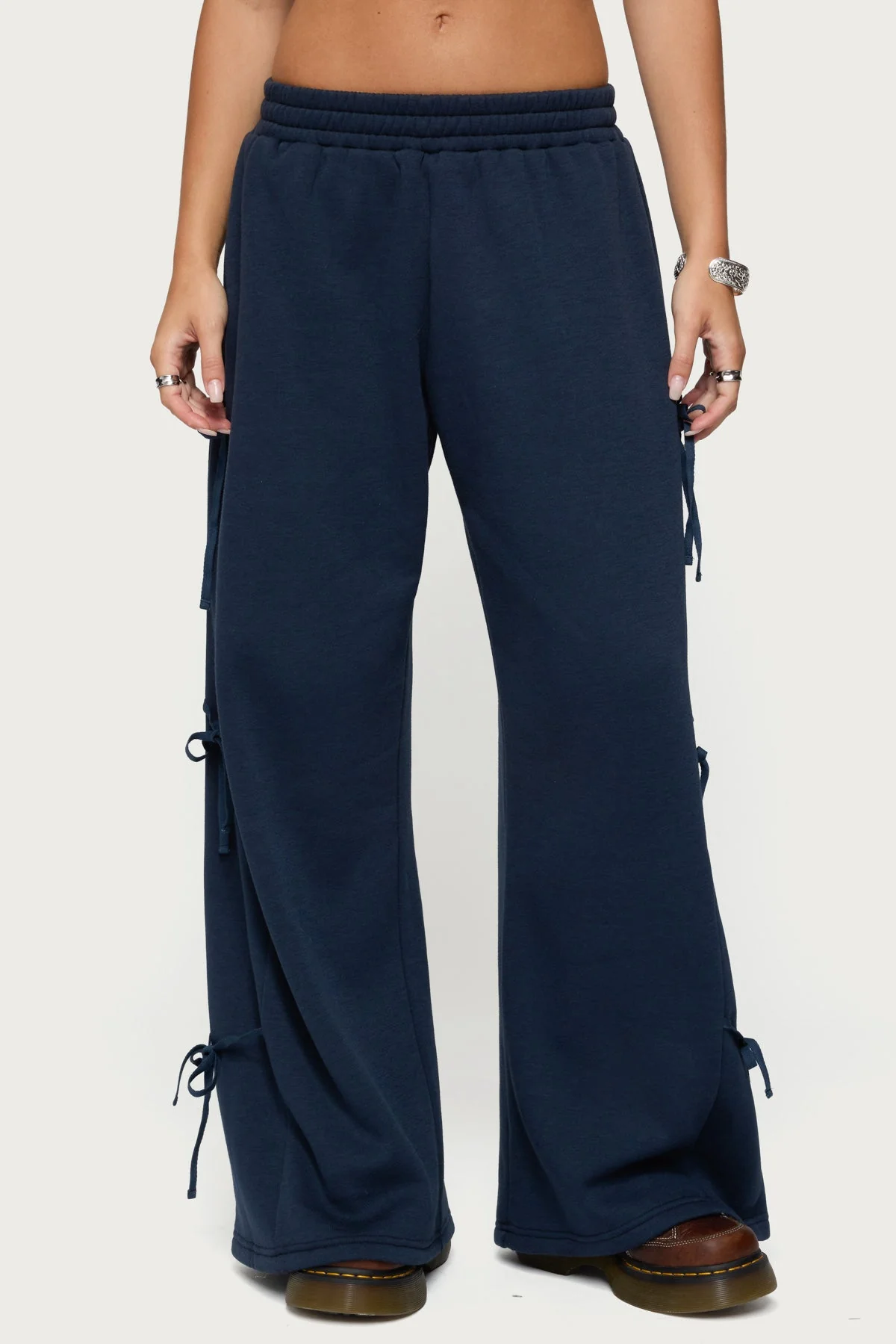 Navy Baggy Ribbon Sweatpants Elastic Waistband