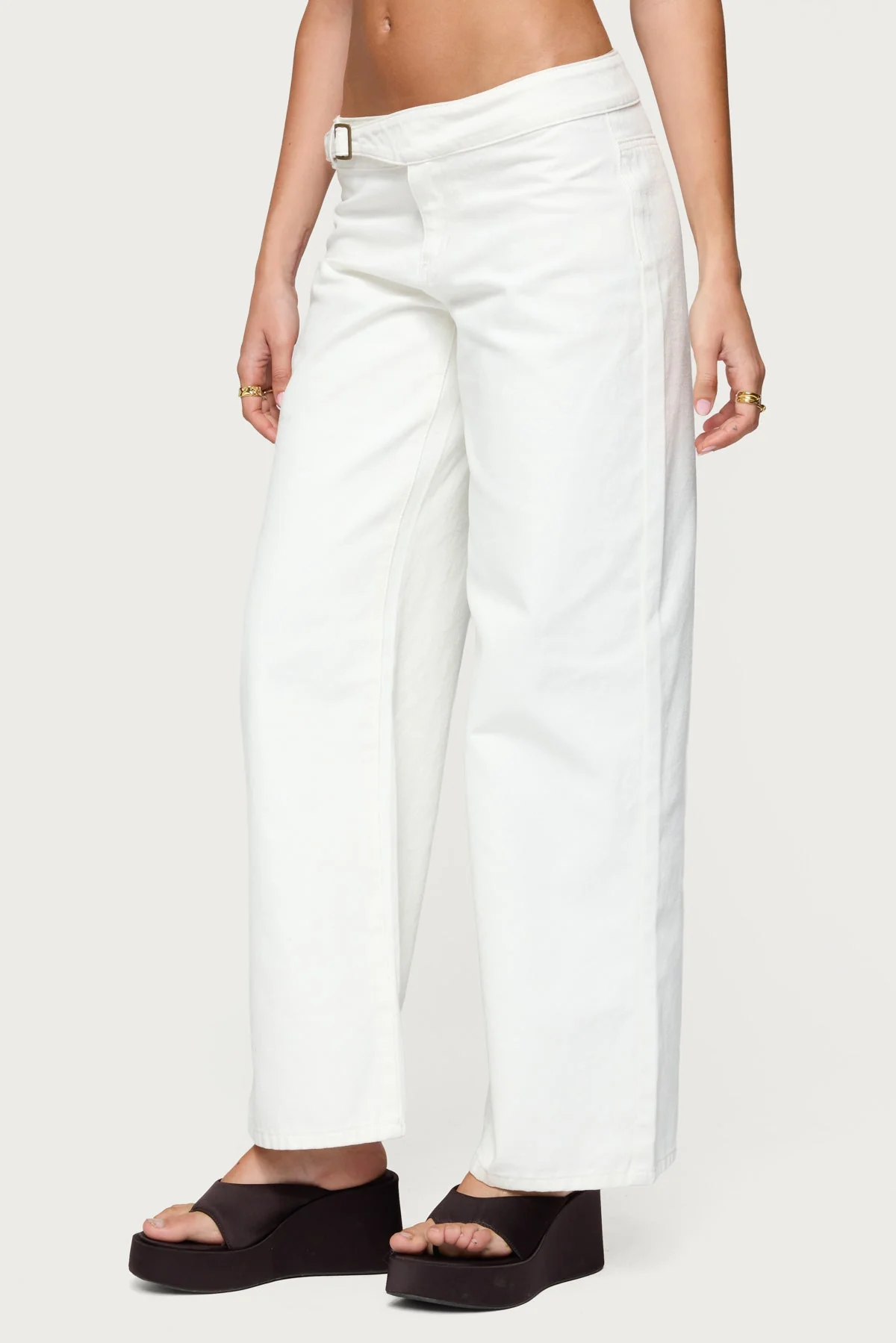White Straight Leg Pants with Buckle Detail