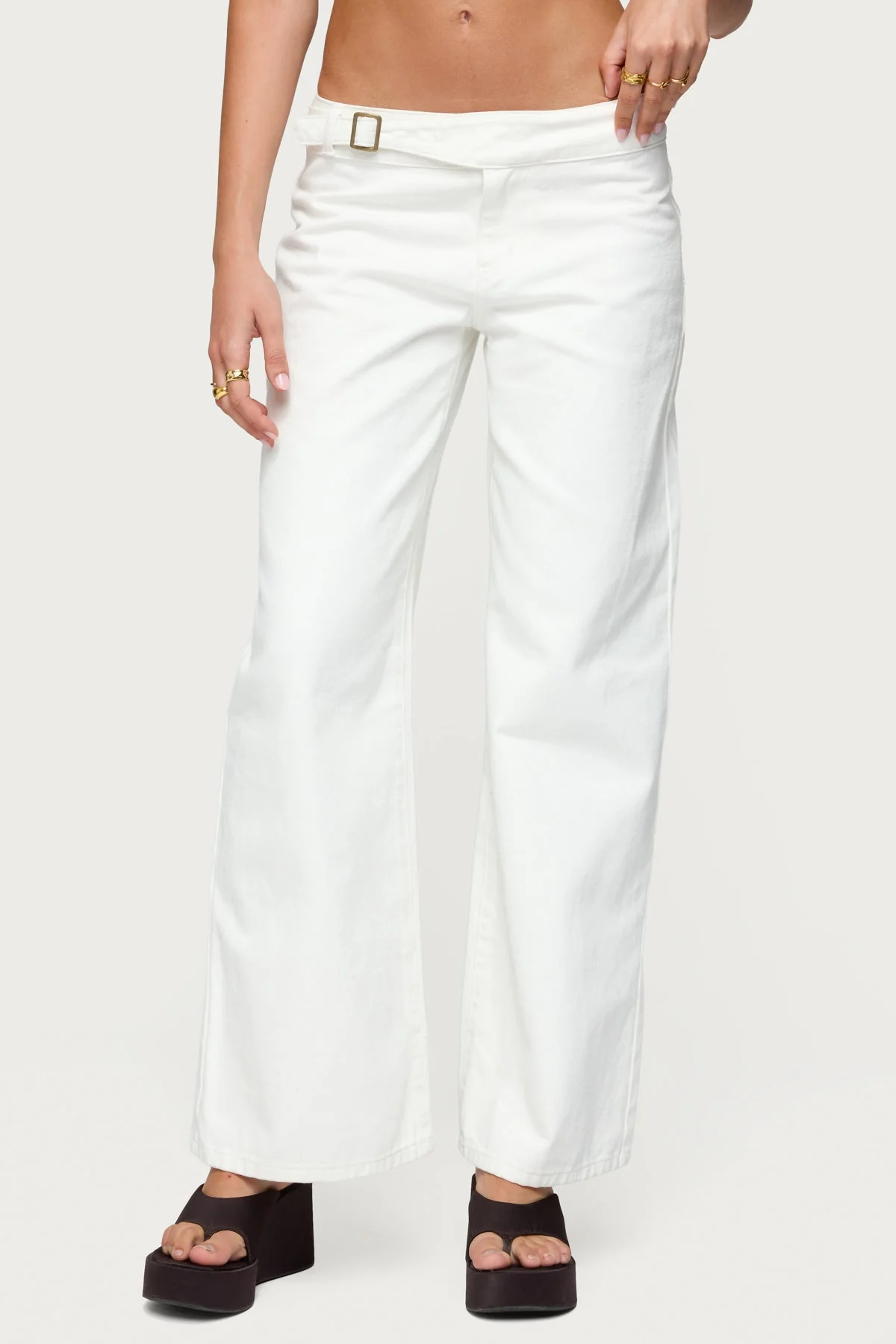 White Straight Leg Pants with Buckle Detail
