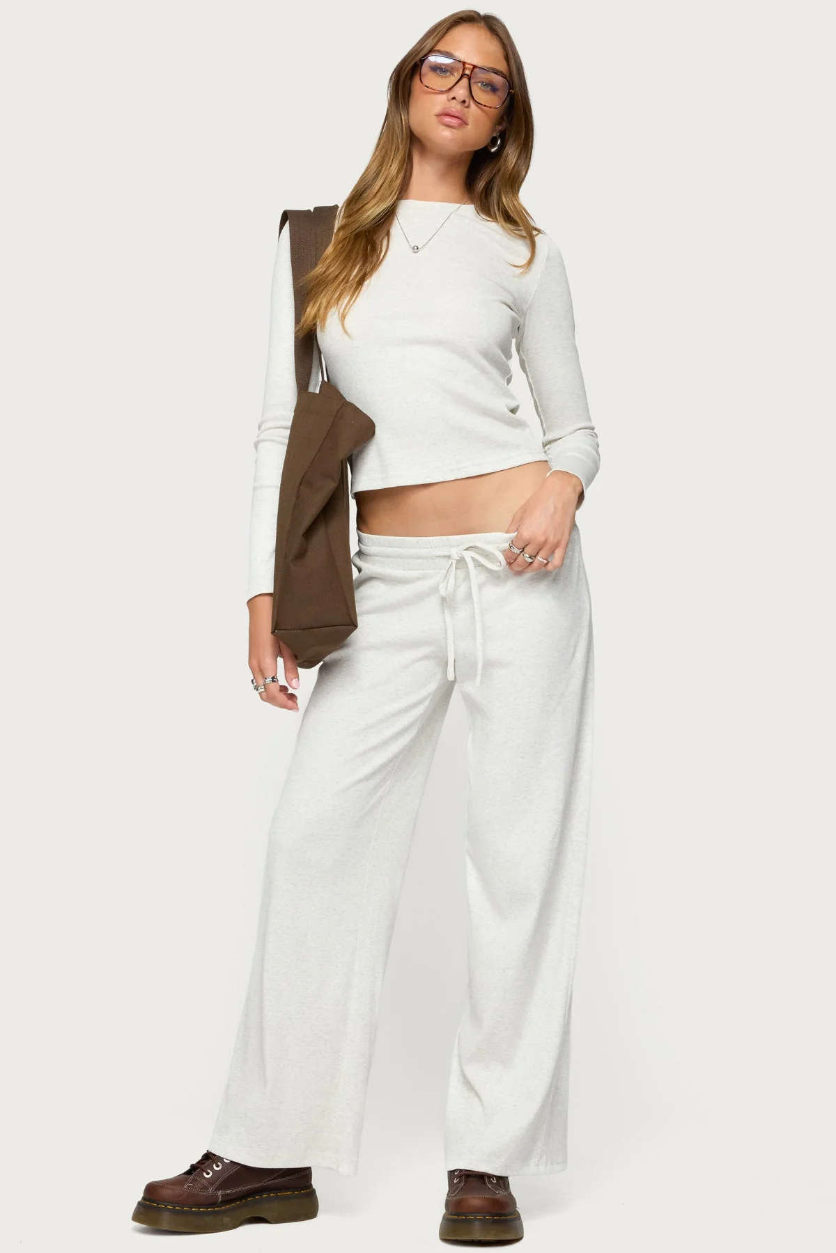 Ribbed Cotton Lounge Straight Pants in Gray Melange