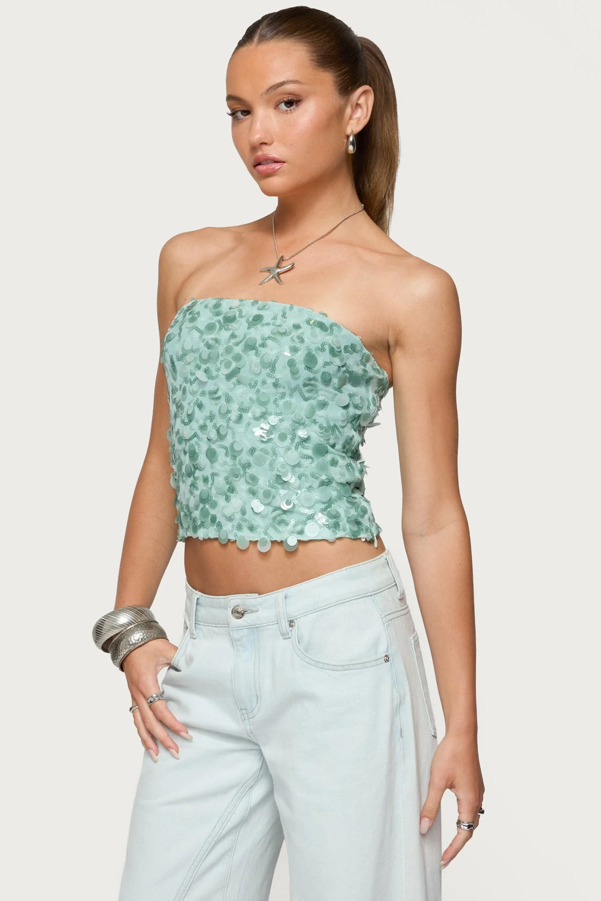 Sequin Tube Top in Green Sparkle | Brynn Collection