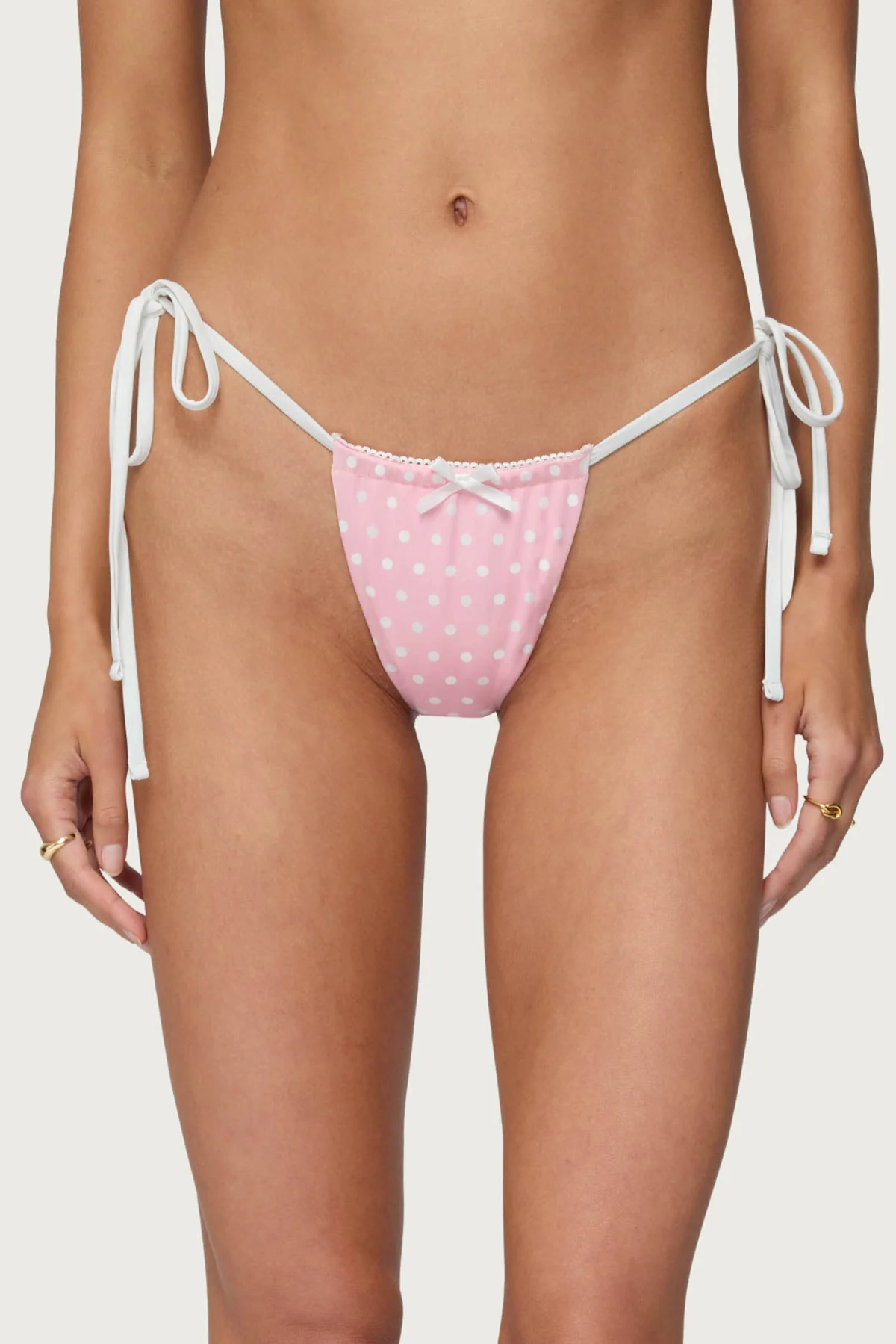 Polka Dot String Bikini Bottom - Lace Trim & Bow Detailing