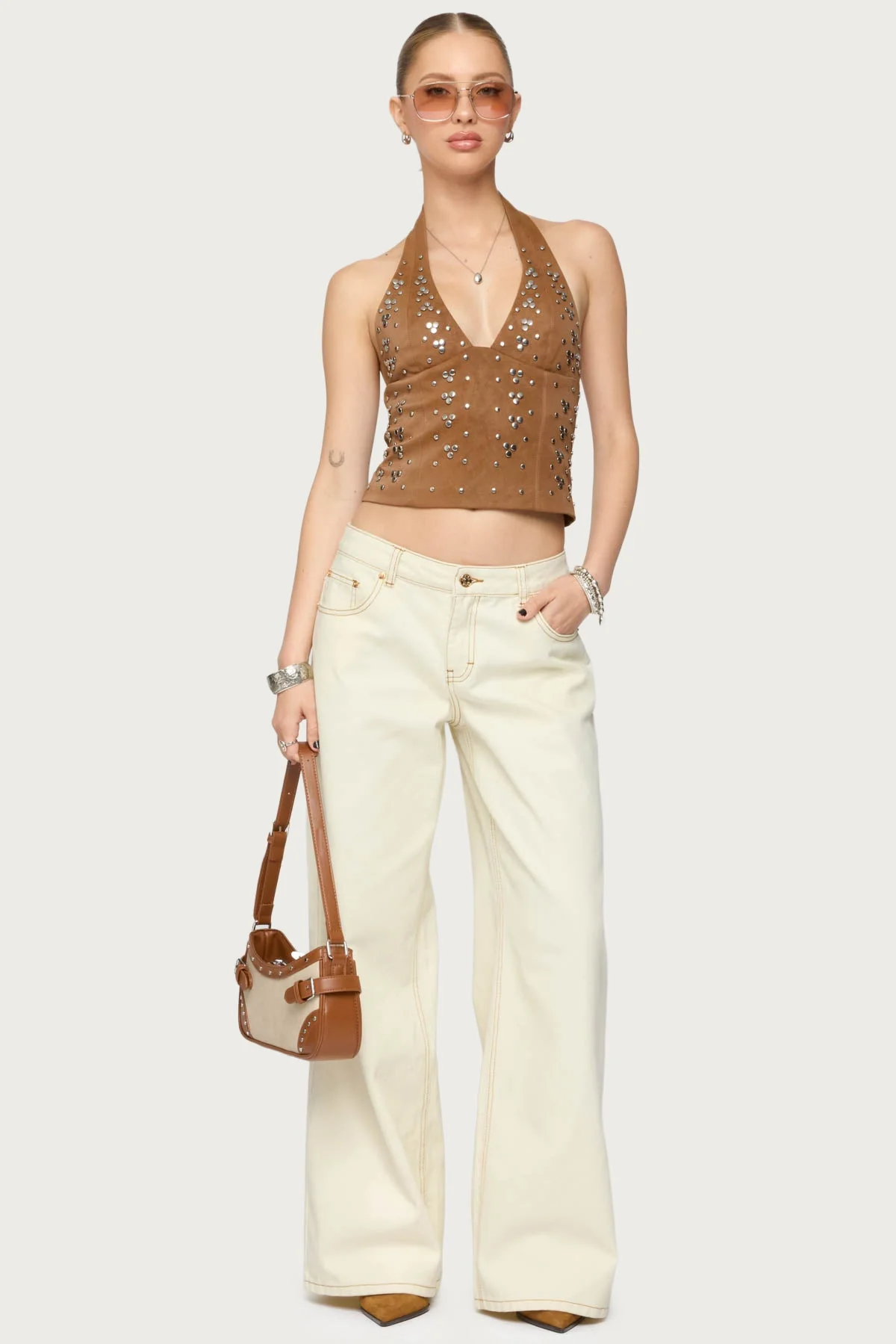 Cream Wide Leg Denim Pants