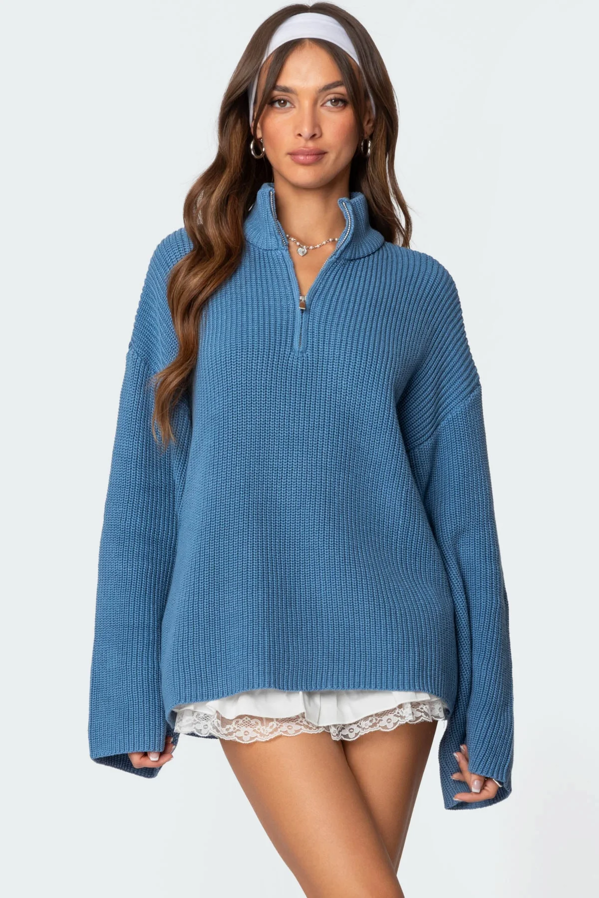 Oversized Blue High Neck Zip Sweater