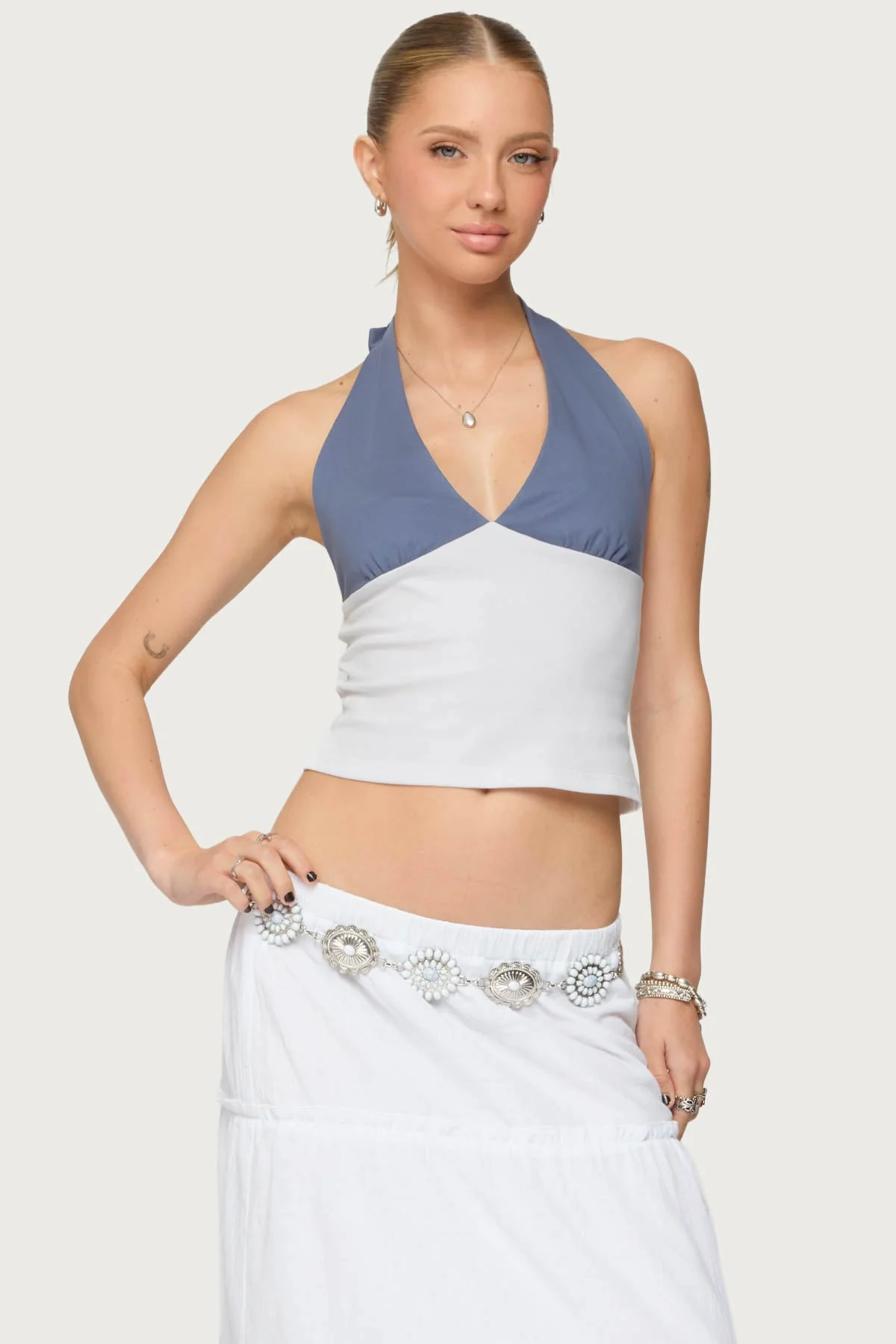 Blue and White Color Block Halter Top - Stylish Womens Halter Neck Shirt