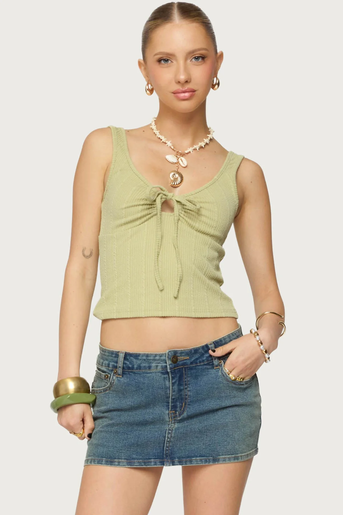 Ribbed Green Tank Top with Keyhole Detail