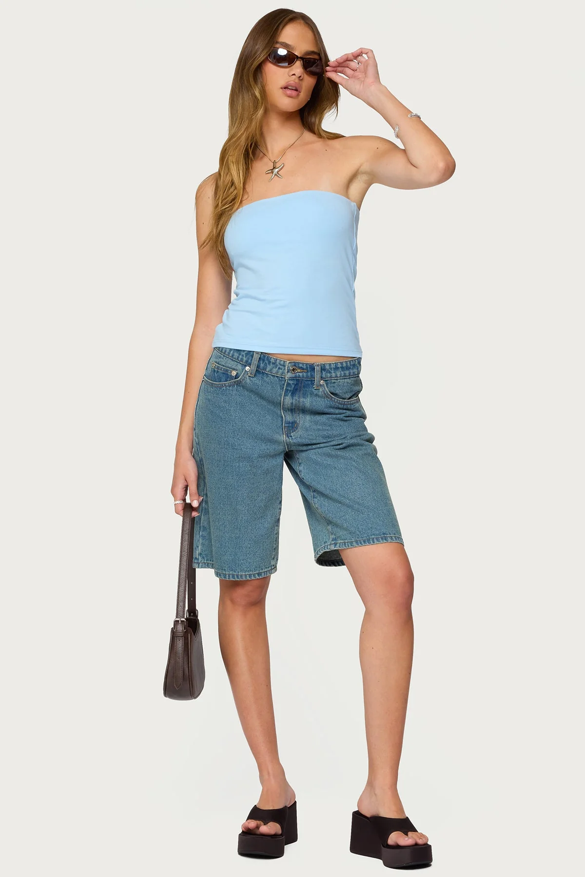 Light Blue Strapless Tube Top with Built-In Bra