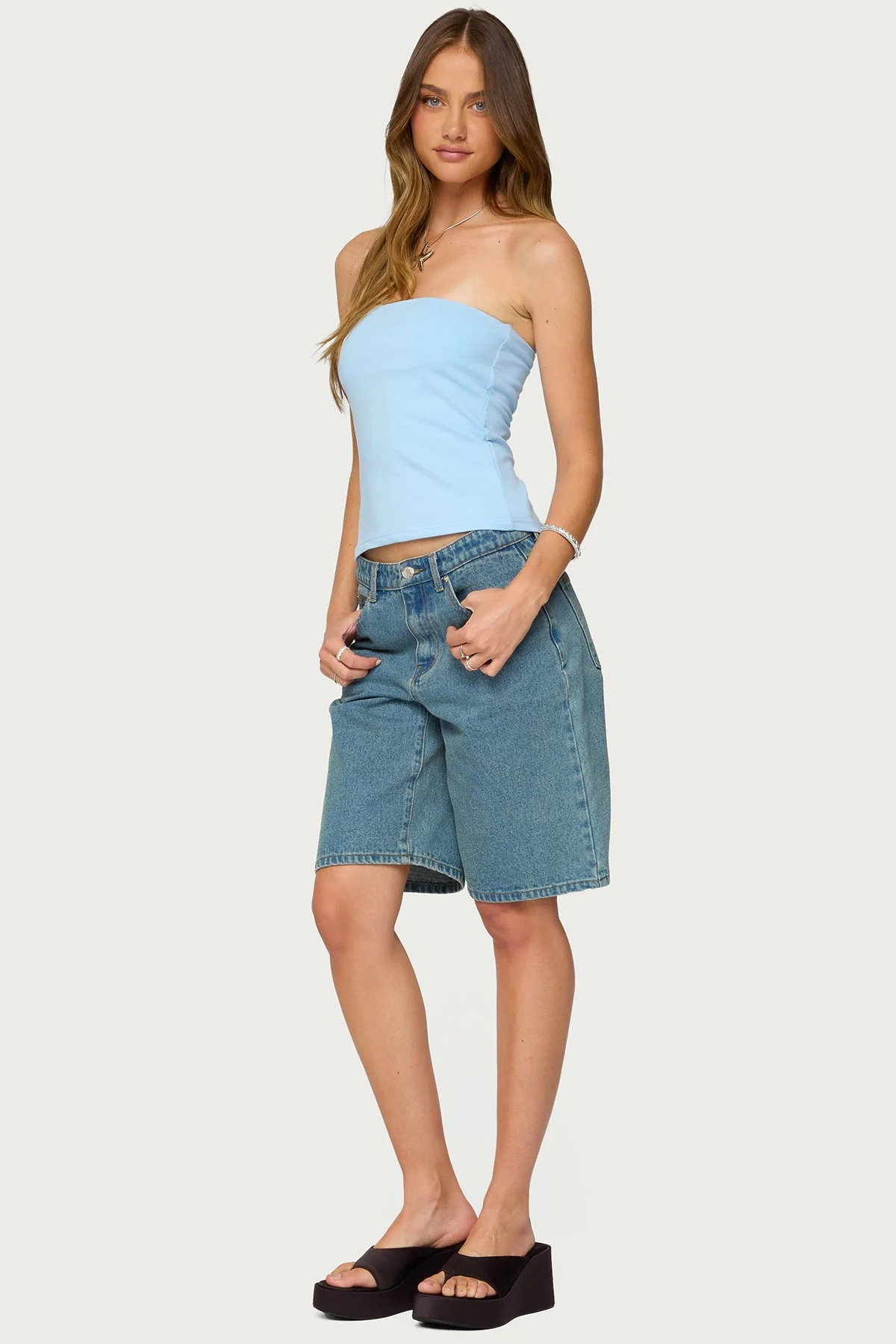 Light Blue Strapless Tube Top with Built-In Bra