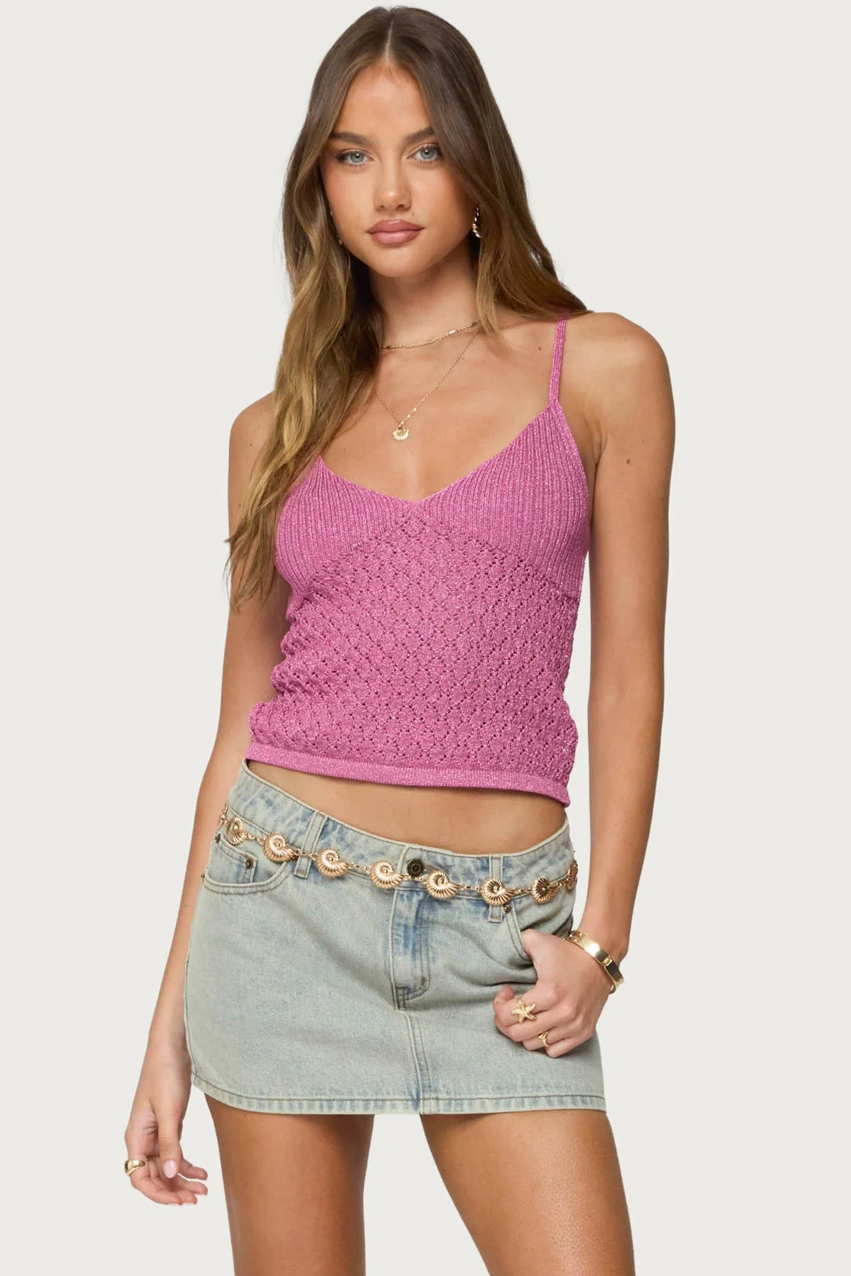 Textured Knit Tank Top in Pink Sparkle | Adjustable Straps
