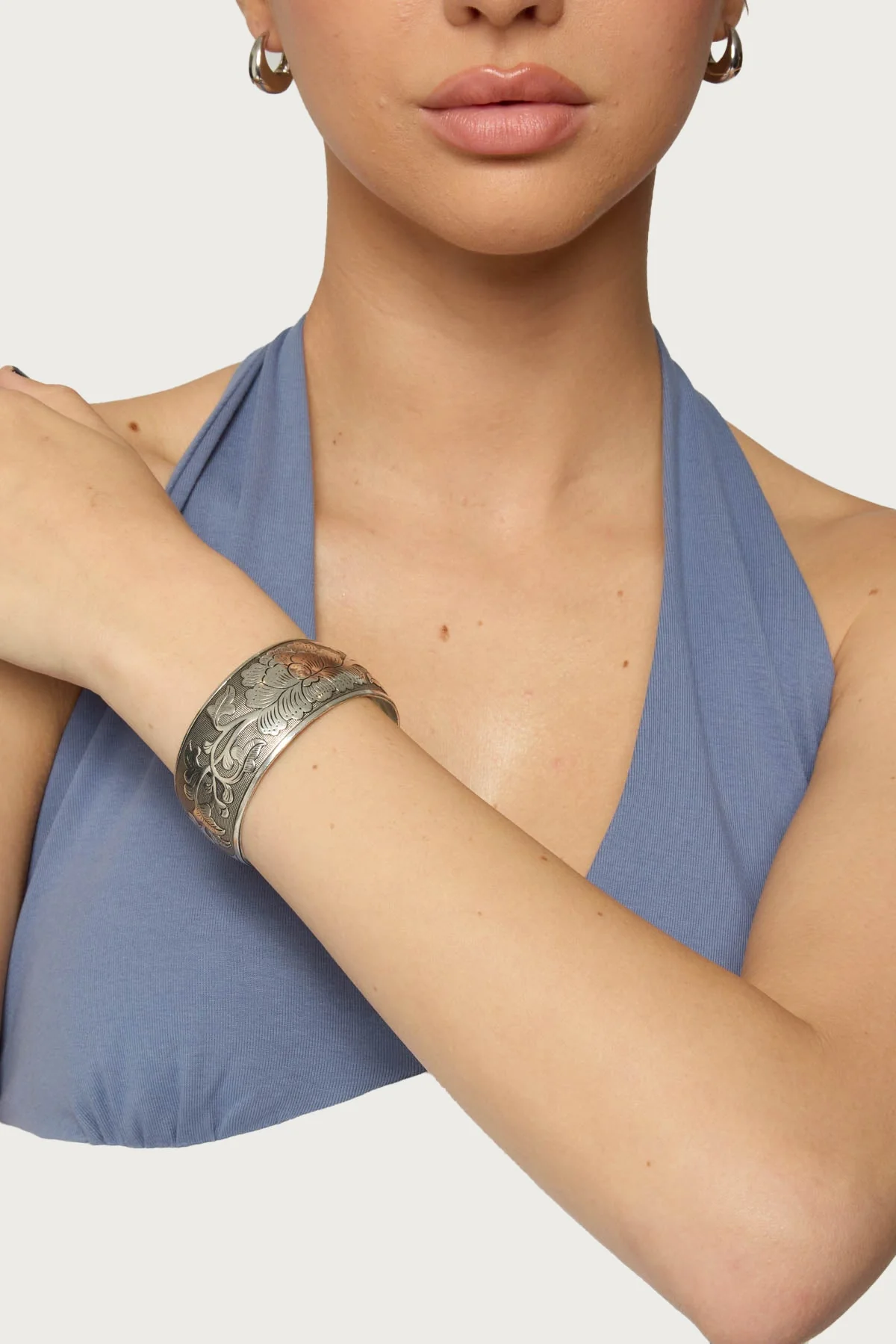 Floral Engraved Silver Bangle Bracelet