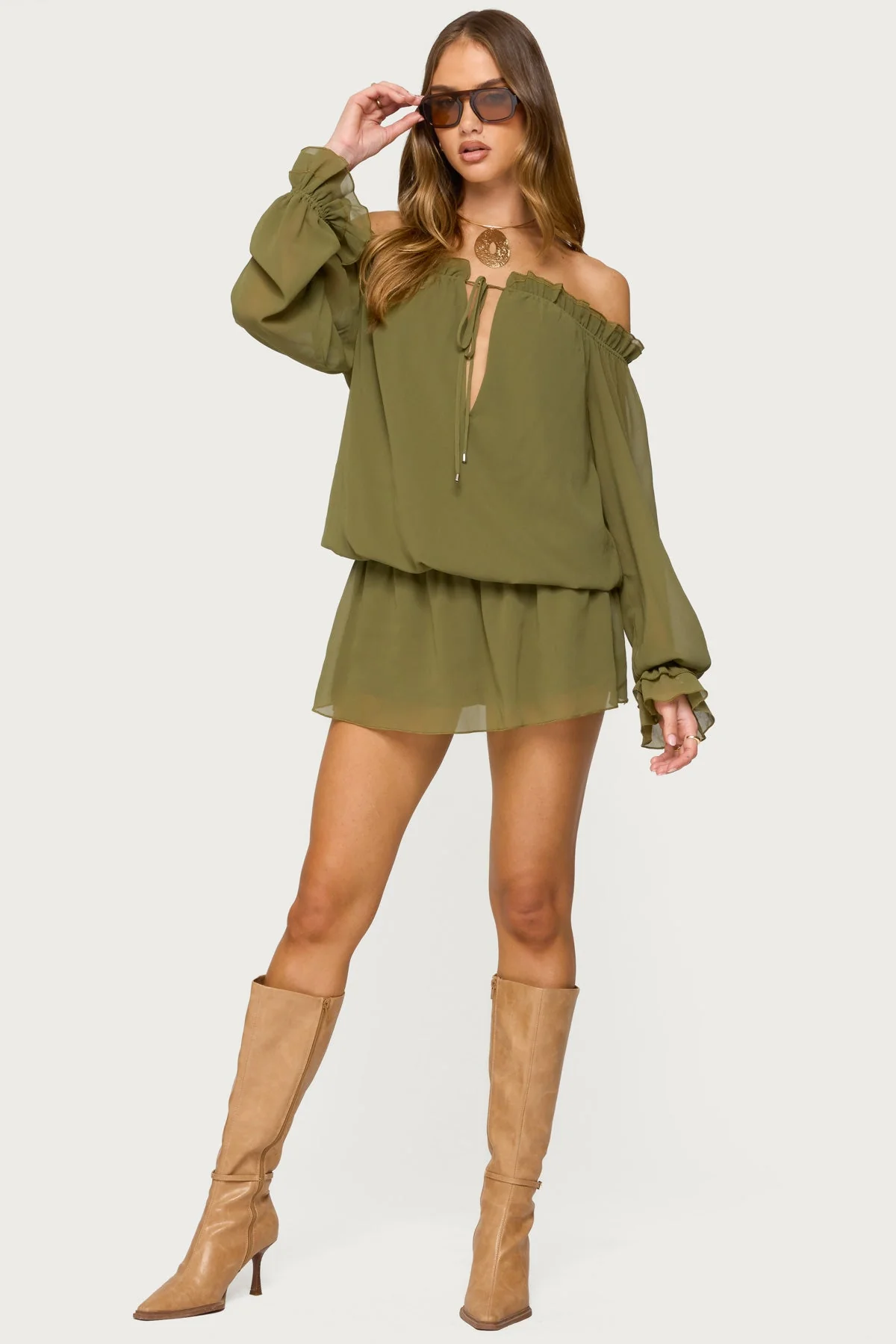 Off Shoulder Olive Chiffon Jumpsuit