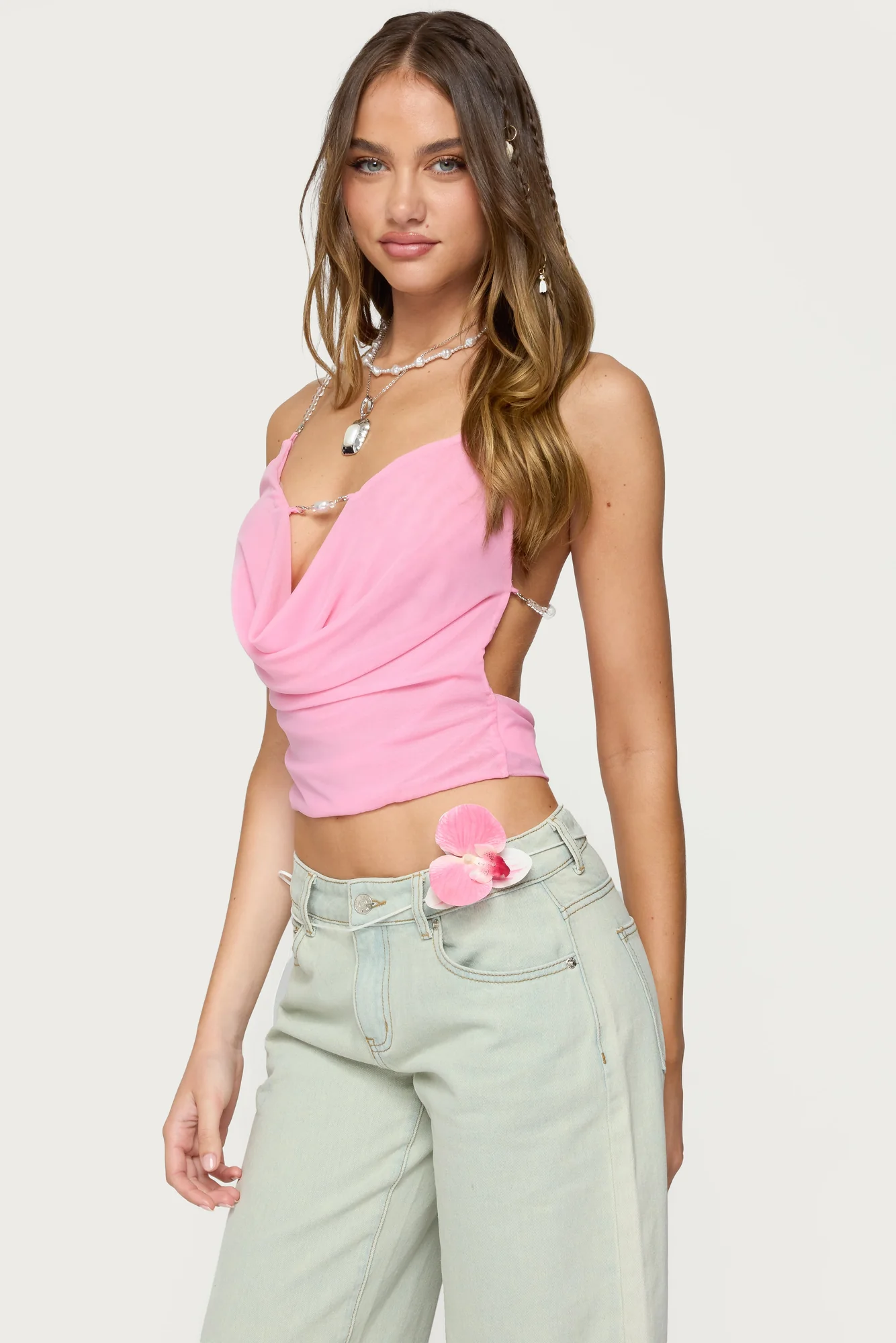 Pink Beaded Cowl Neck Top