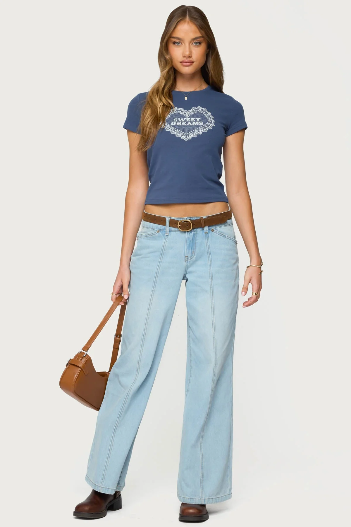 Navy Heart Graphic Print T-Shirt Womens Cotton Spandex