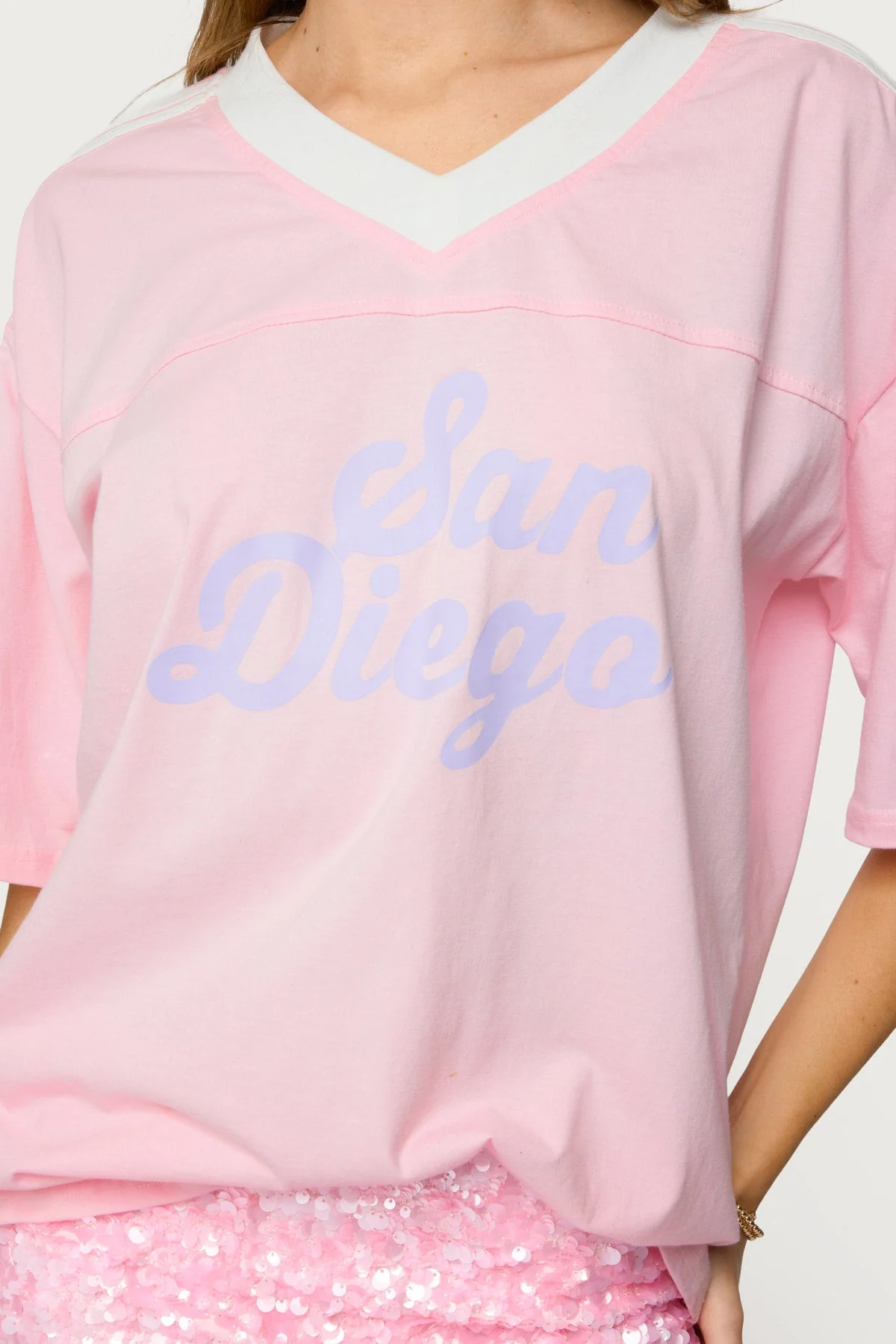 Light Pink Oversized T-Shirt Womens V-Neck 100% Cotton