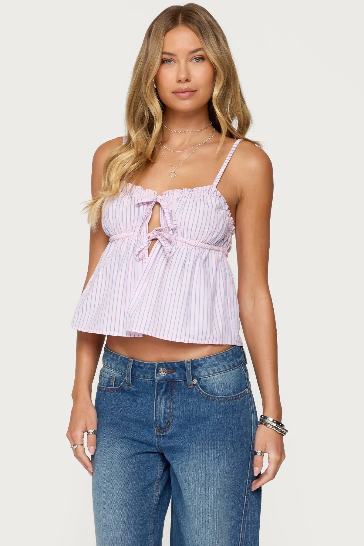 Pink Striped Babydoll Tank Top with Tie Front