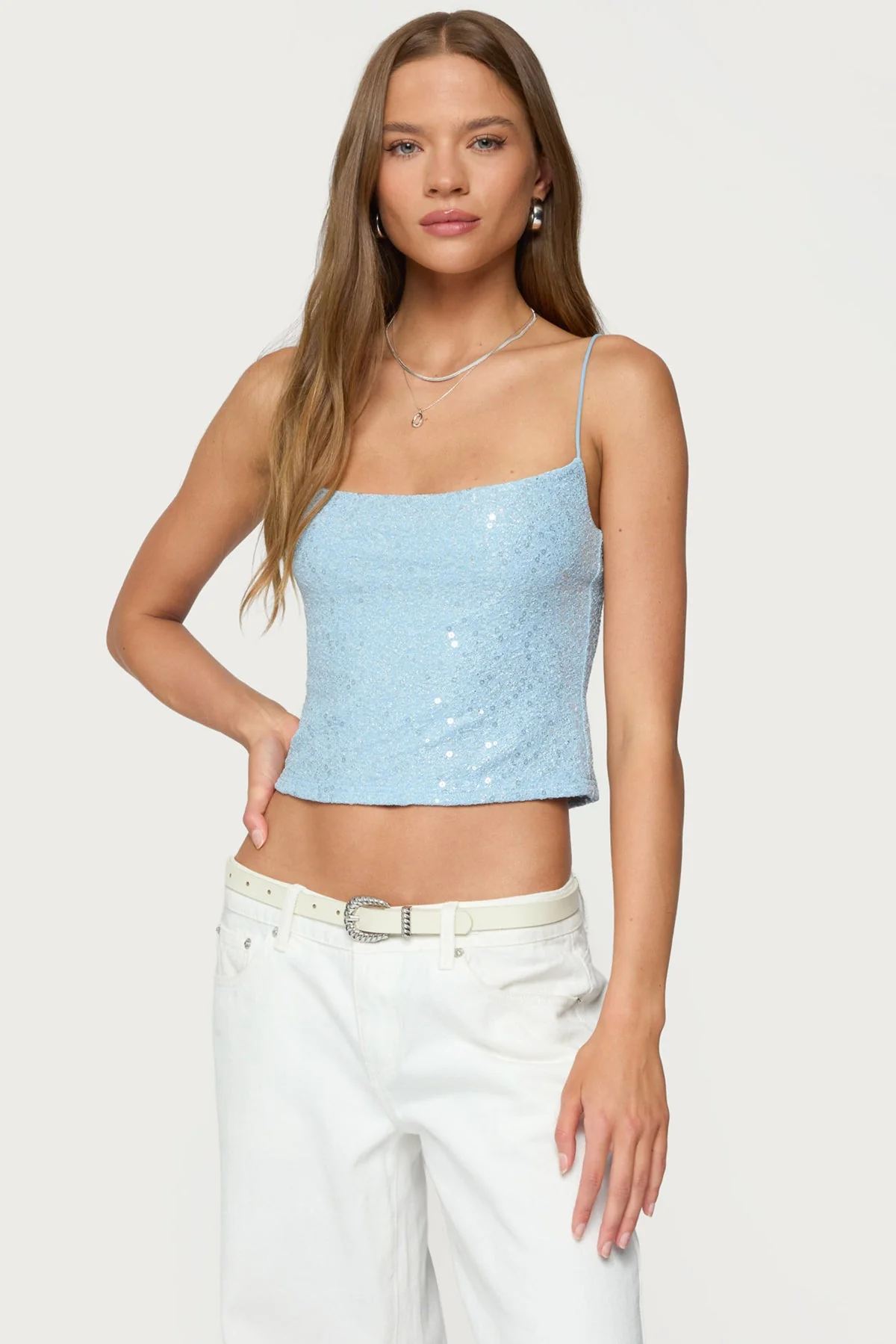 Light Blue Sequin Textured Tank Top