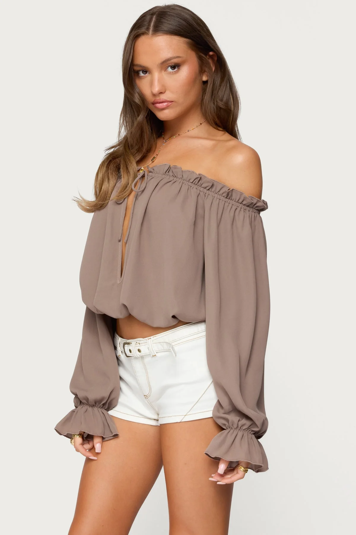 Ruffle Chiffon Top with Off Shoulder Design in Brown - Juna