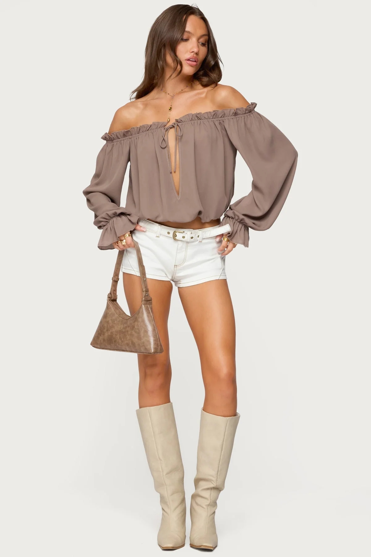 Ruffle Chiffon Top with Off Shoulder Design in Brown - Juna