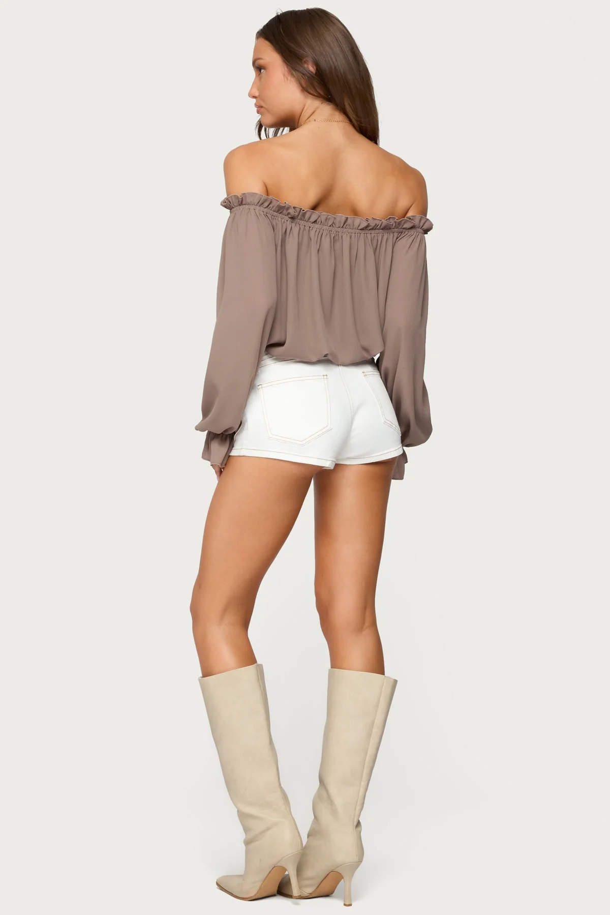 Ruffle Chiffon Top with Off Shoulder Design in Brown - Juna