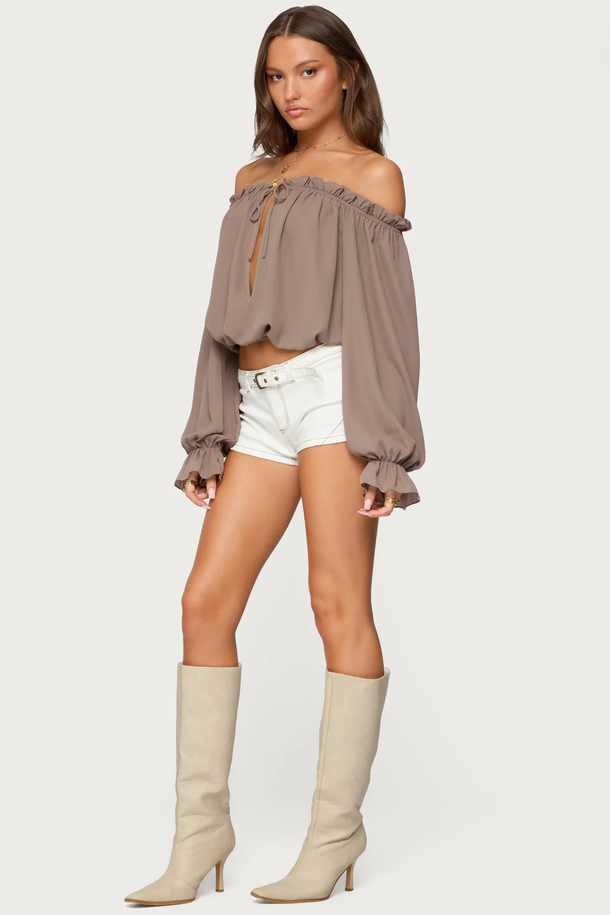 Ruffle Chiffon Top with Off Shoulder Design in Brown - Juna