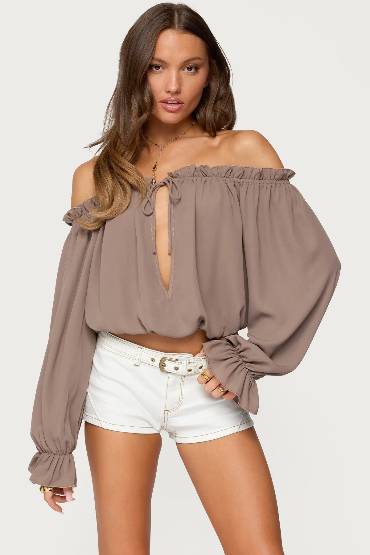 Ruffle Chiffon Top with Off Shoulder Design in Brown - Juna