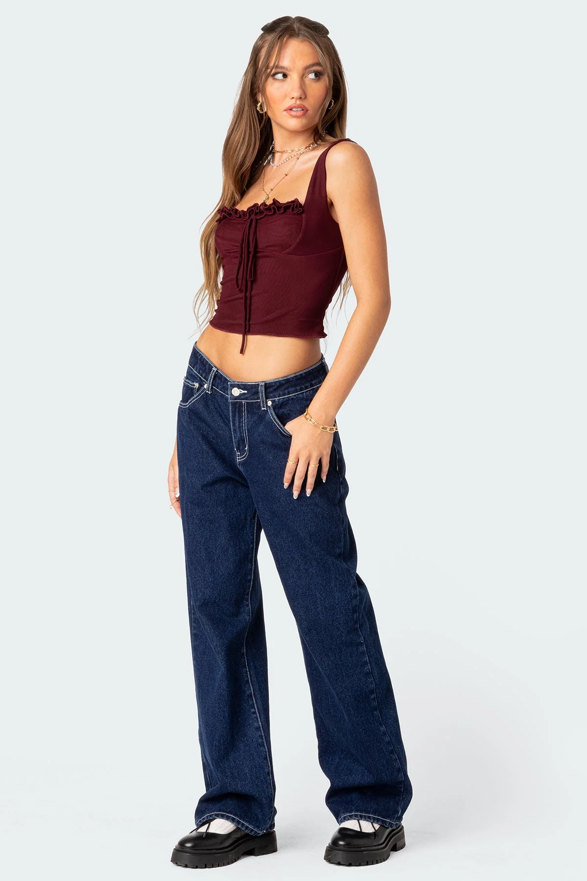 Burgundy Mesh Bustier Top Womens Strapless Ruffle Bow Detail