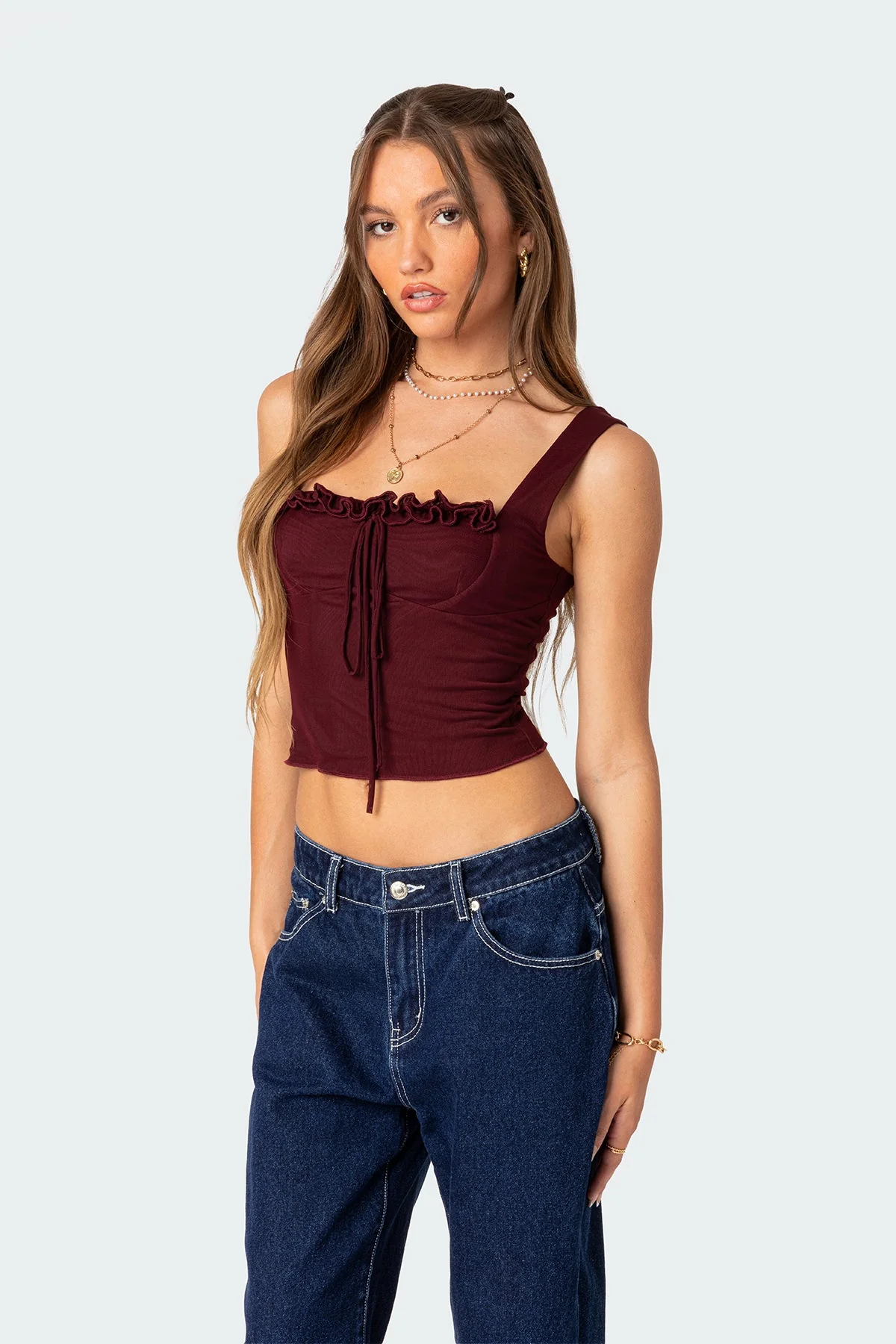 Burgundy Mesh Bustier Top Womens Strapless Ruffle Bow Detail