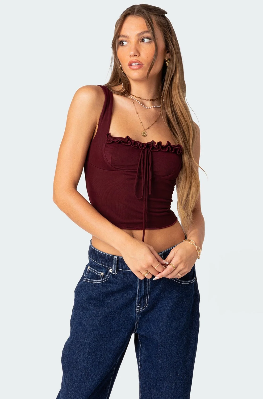 Burgundy Mesh Bustier Top Womens Strapless Ruffle Bow Detail
