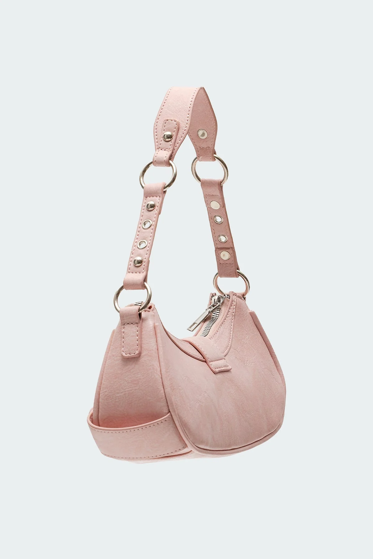 Pink Faux Leather Crossbody Bag with Stud and Grommet Detailing