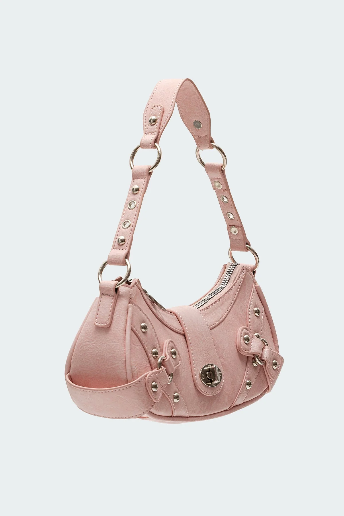 Pink Faux Leather Crossbody Bag with Stud and Grommet Detailing