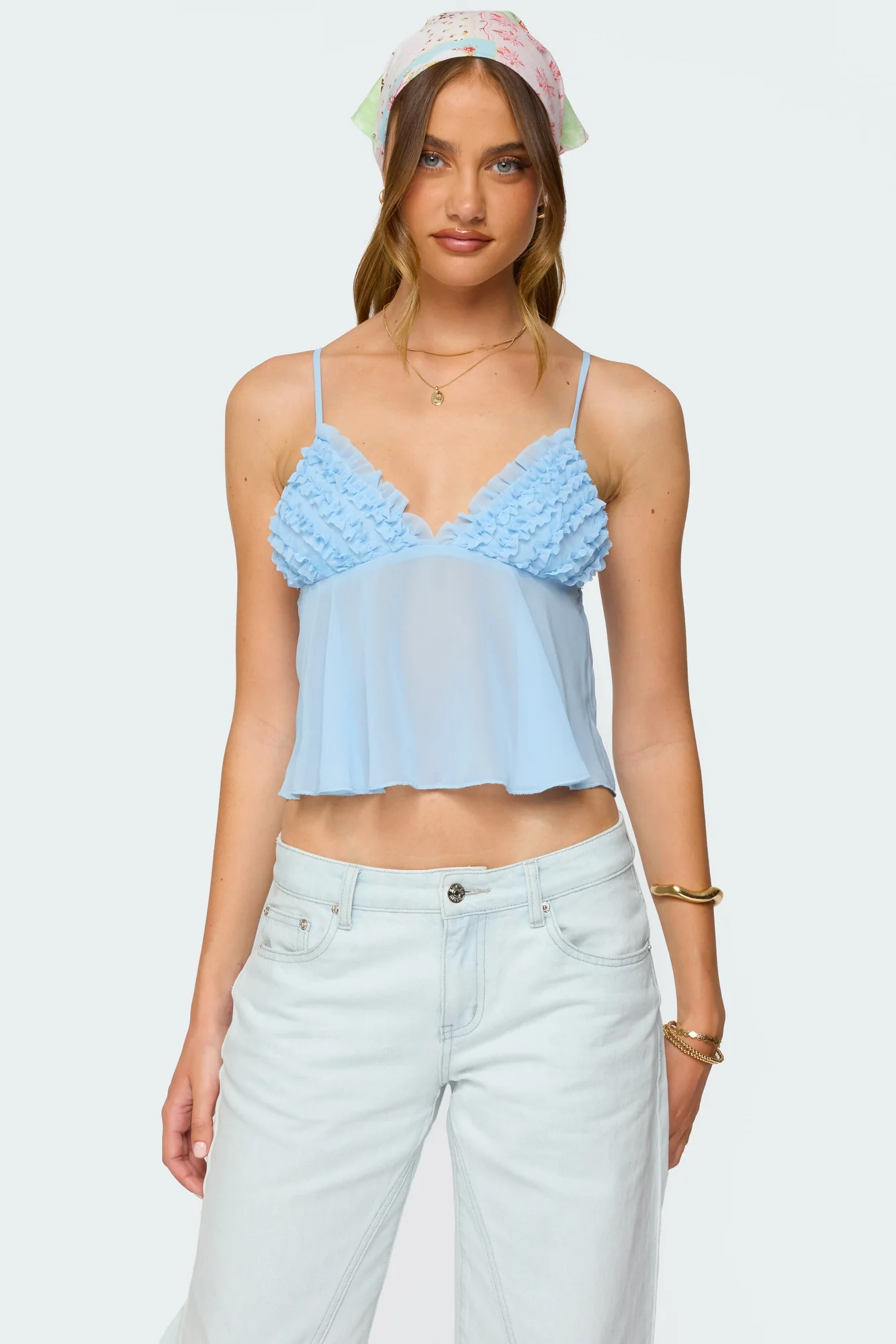 Light Blue Sheer Chiffon Ruffle Babydoll Tank Top