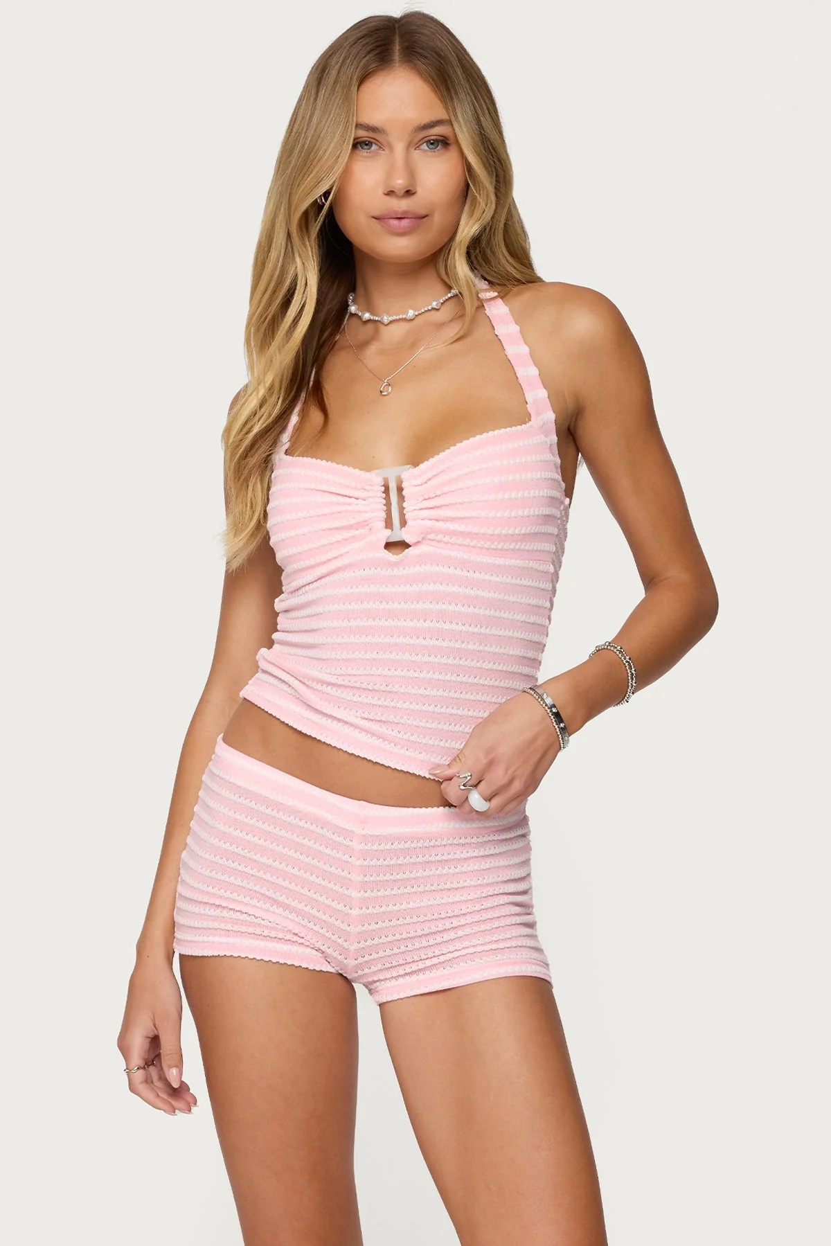 Lovina Striped Halter Top in Light Pink - Stylish Womens Halter Neck Top