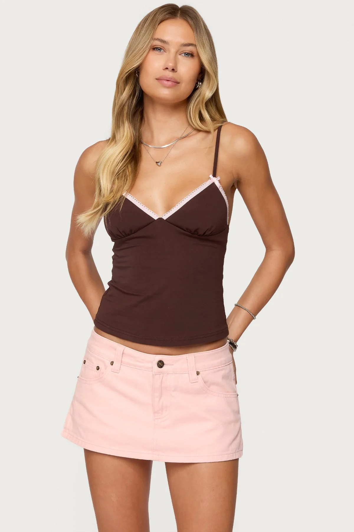 Brown Frill Trim Tank Top | Adjustable Straps & V-Neckline