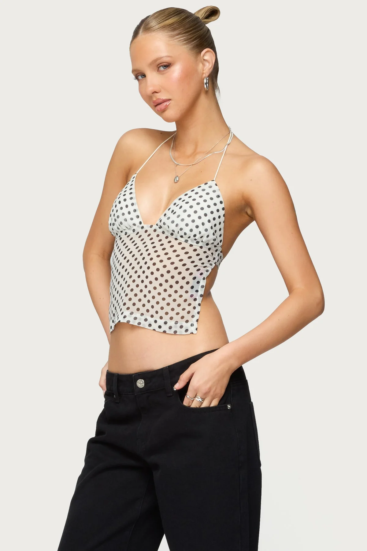 Chiffon Polka Dot Backless Top in Cream and Black