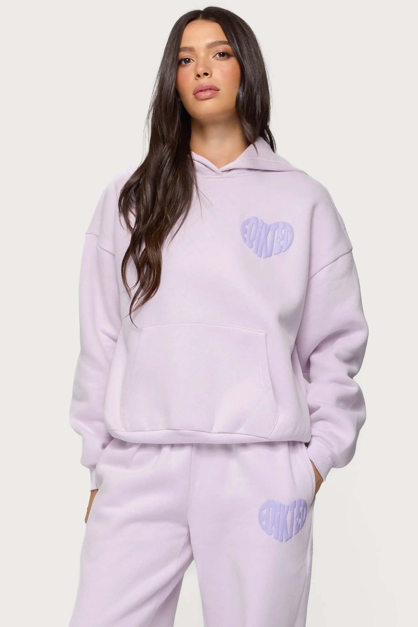 Lilac Puff Print Graphic Hoodie Set