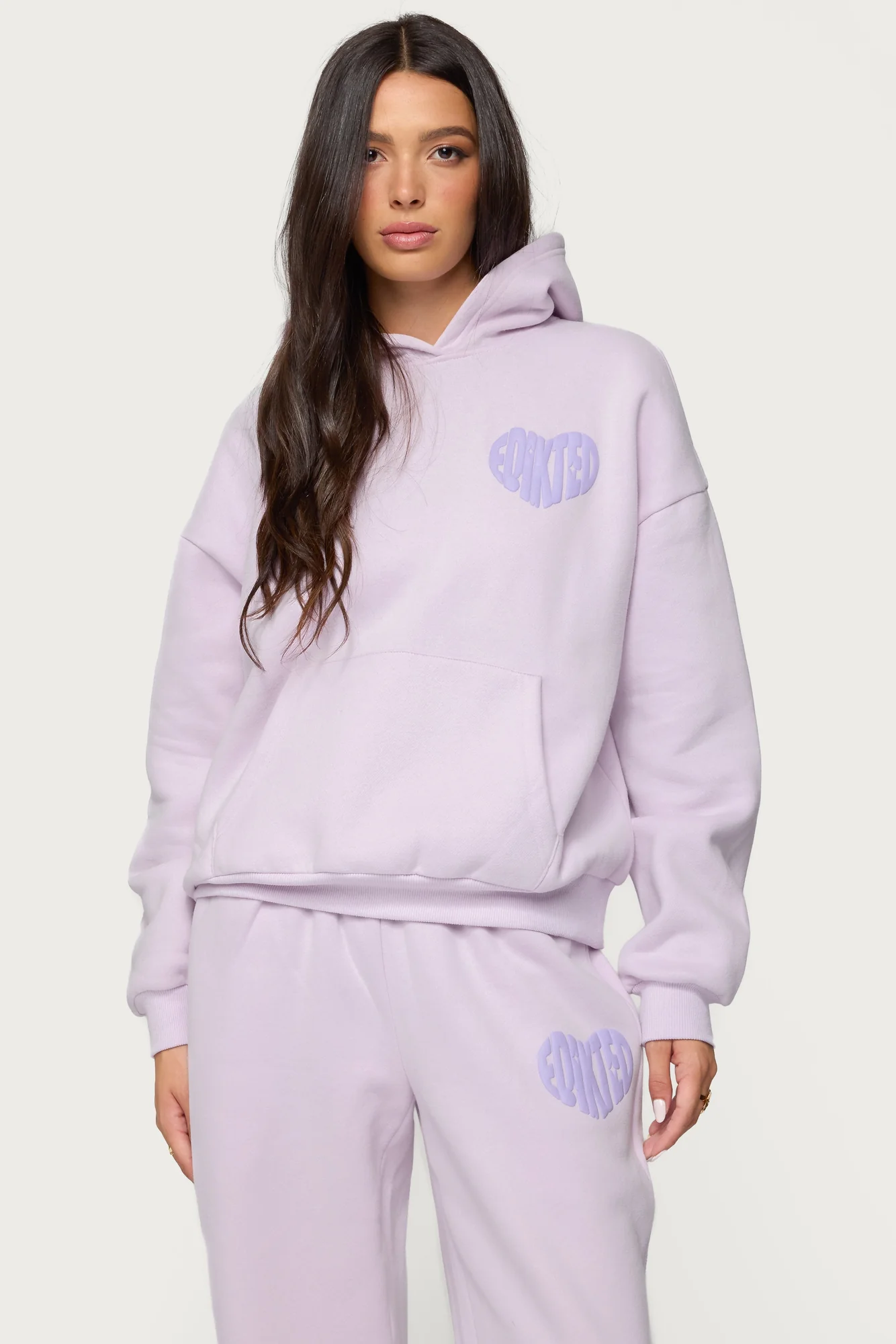 Lilac Puff Print Graphic Hoodie Set