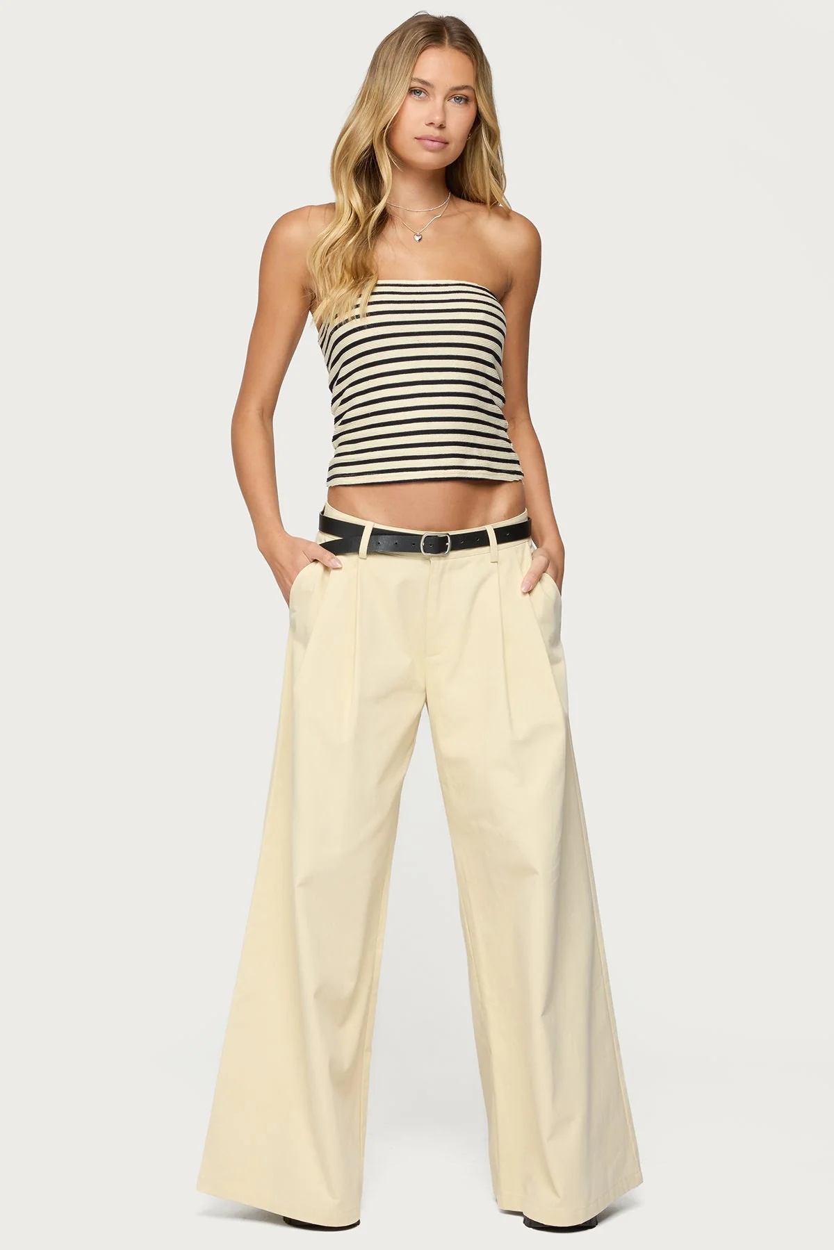 Cream and Navy Striped Tube Top Womens Strapless Shirt