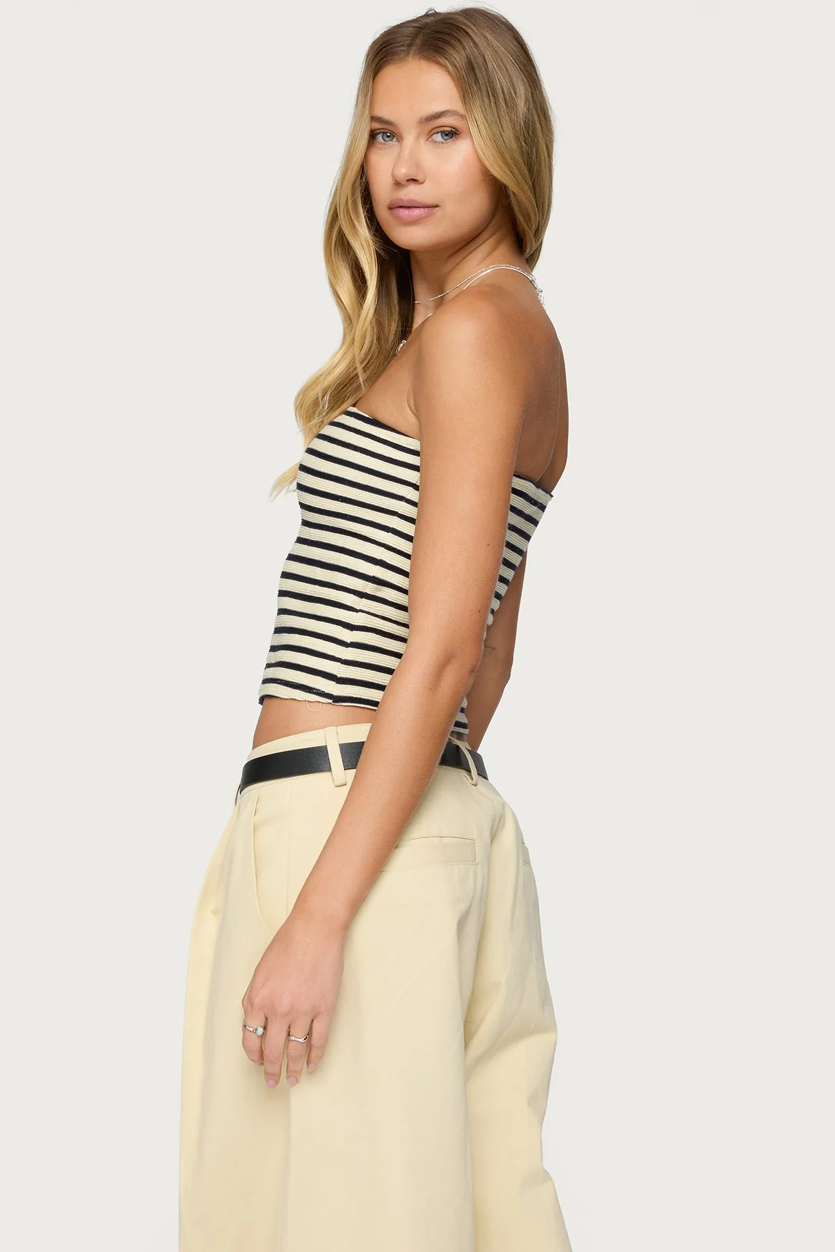 Cream and Navy Striped Tube Top Womens Strapless Shirt