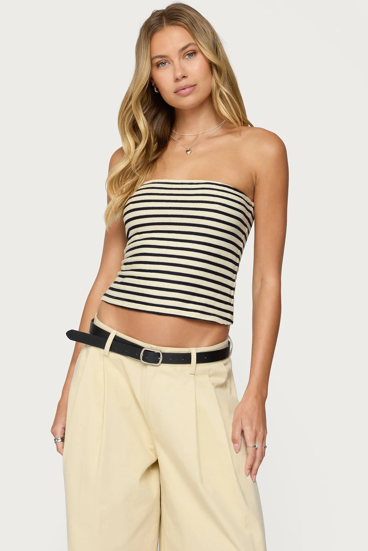 Cream and Navy Striped Tube Top Womens Strapless Shirt