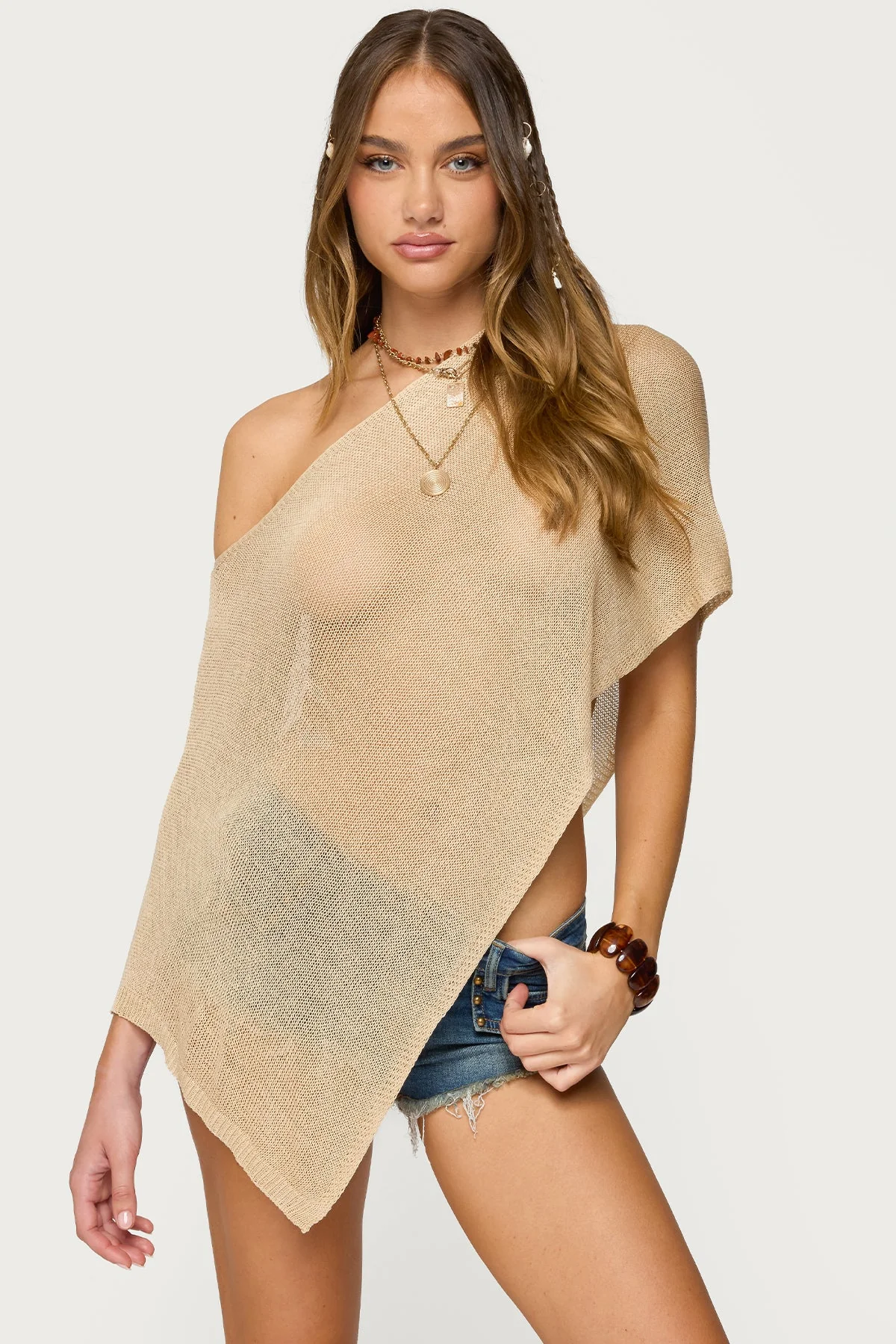 Beige Knit Asymmetric Poncho Top for Women