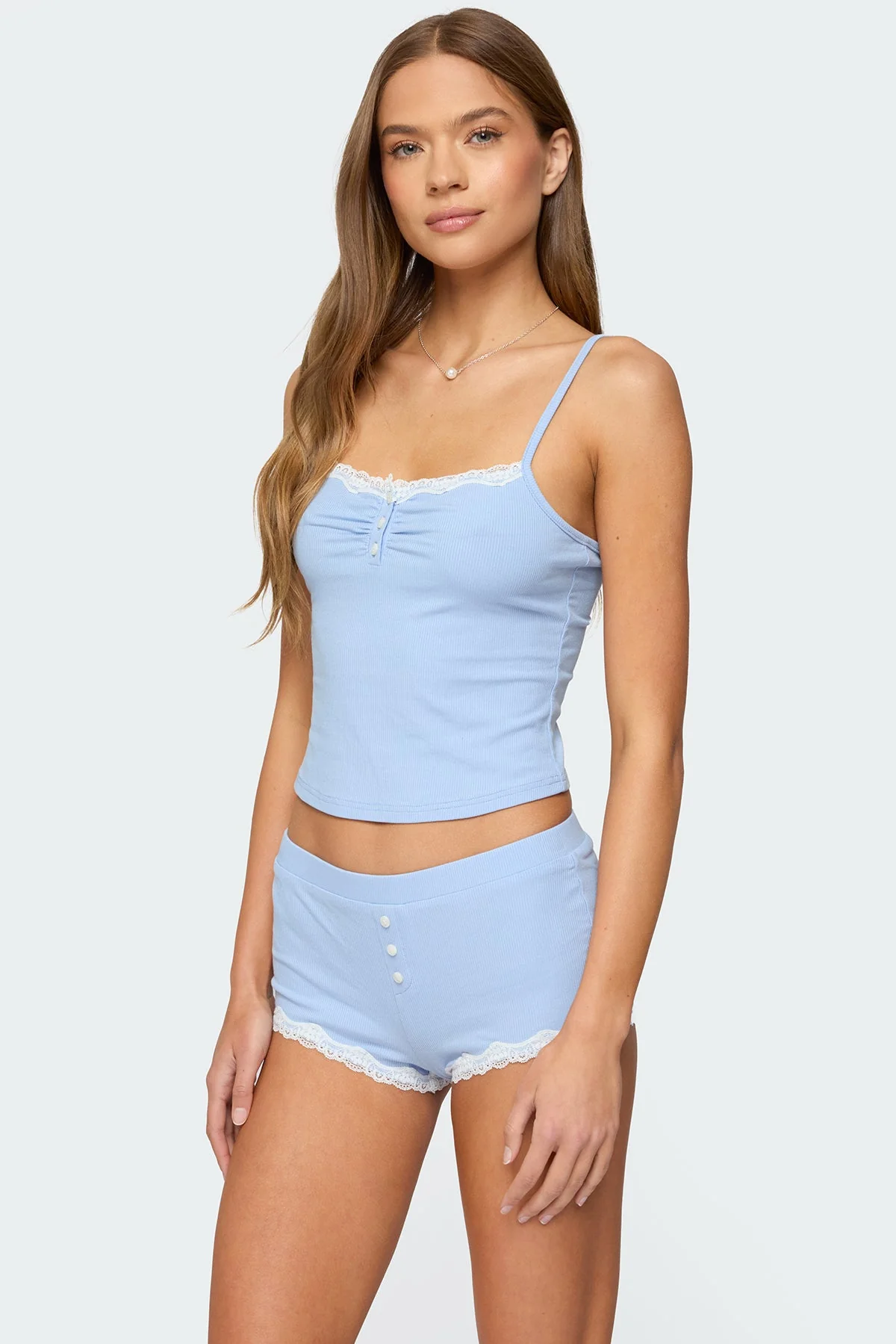 Light Blue Adjustable Strap Lace Trim Tank Top