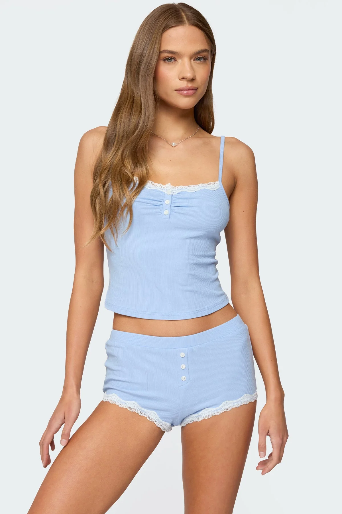 Light Blue Adjustable Strap Lace Trim Tank Top