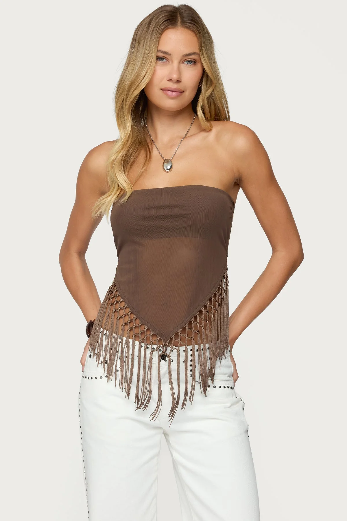 Brown Sheer Mesh Strapless Top